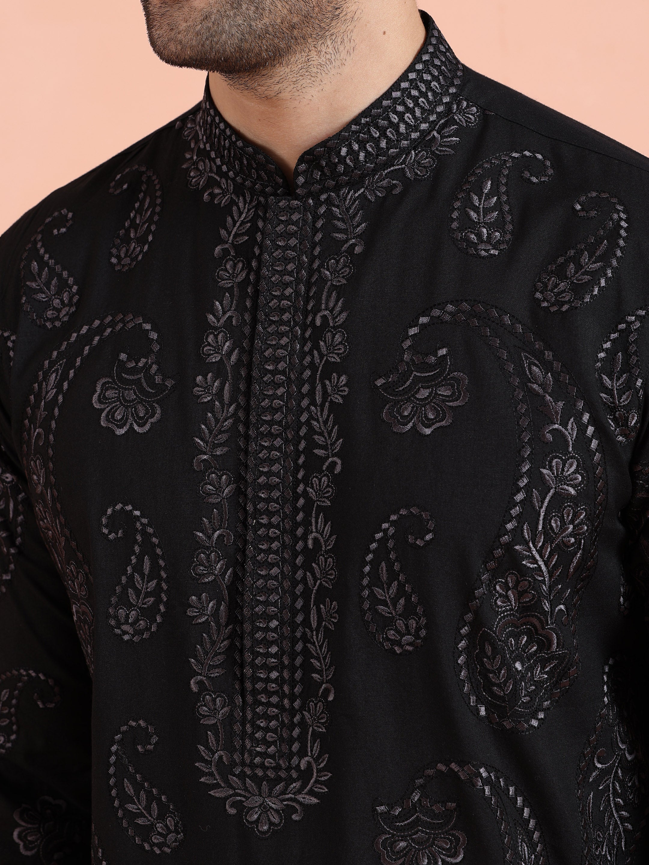 Black Embroidered Silk Blend Kurta - Image 5