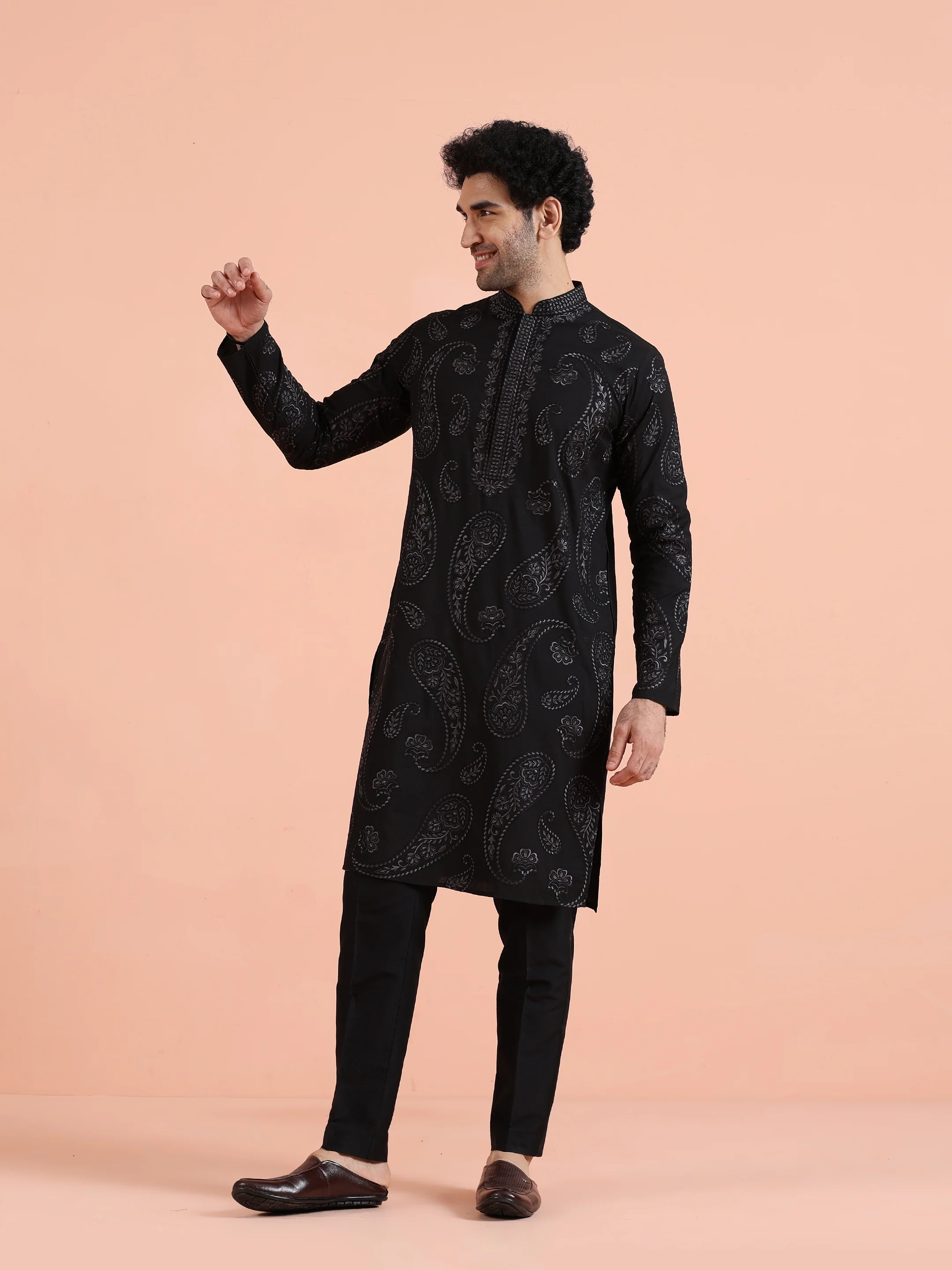Black Embroidered Silk Blend Kurta - Image 7