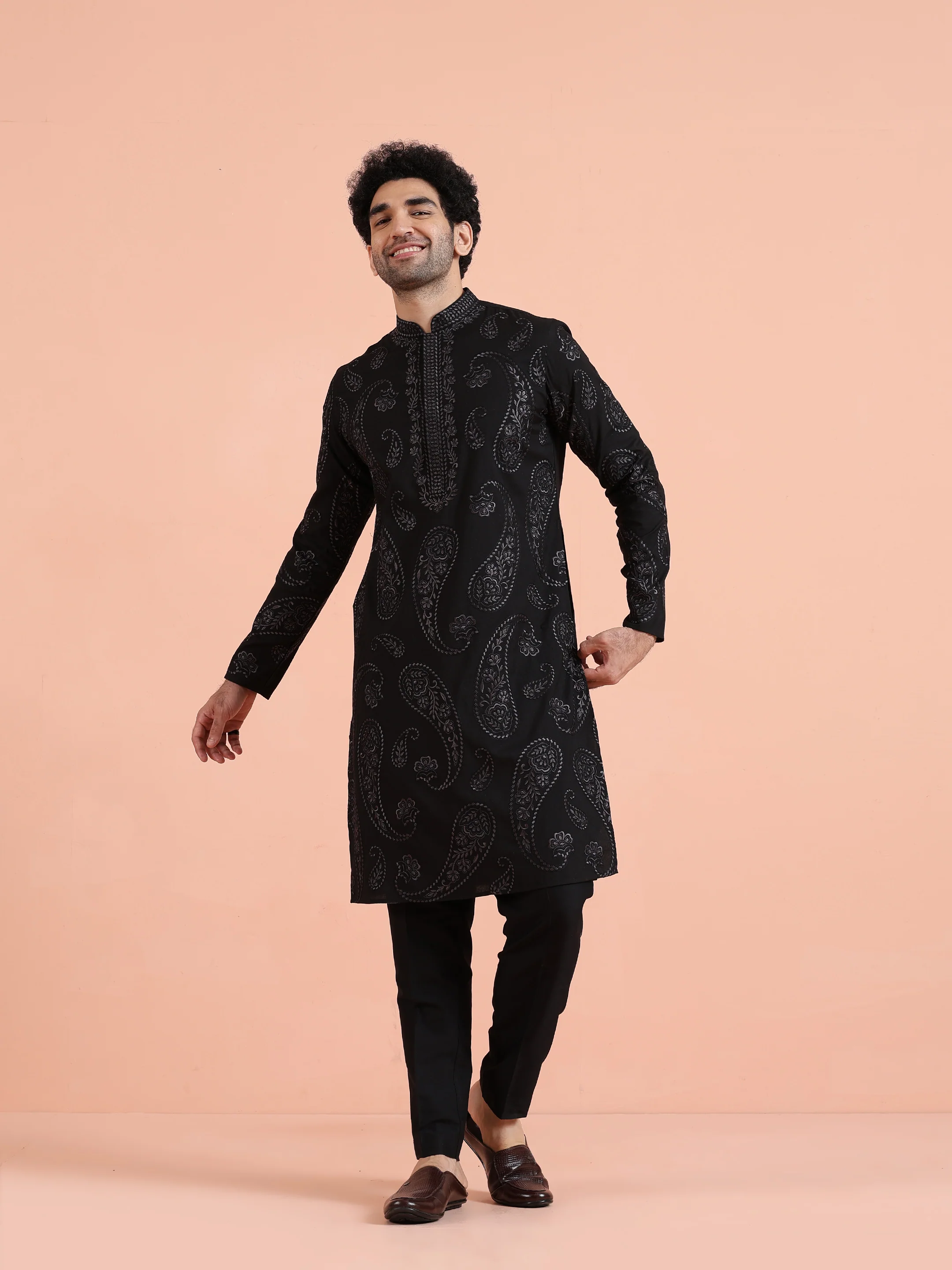 Black Embroidered Silk Blend Kurta - Image 8