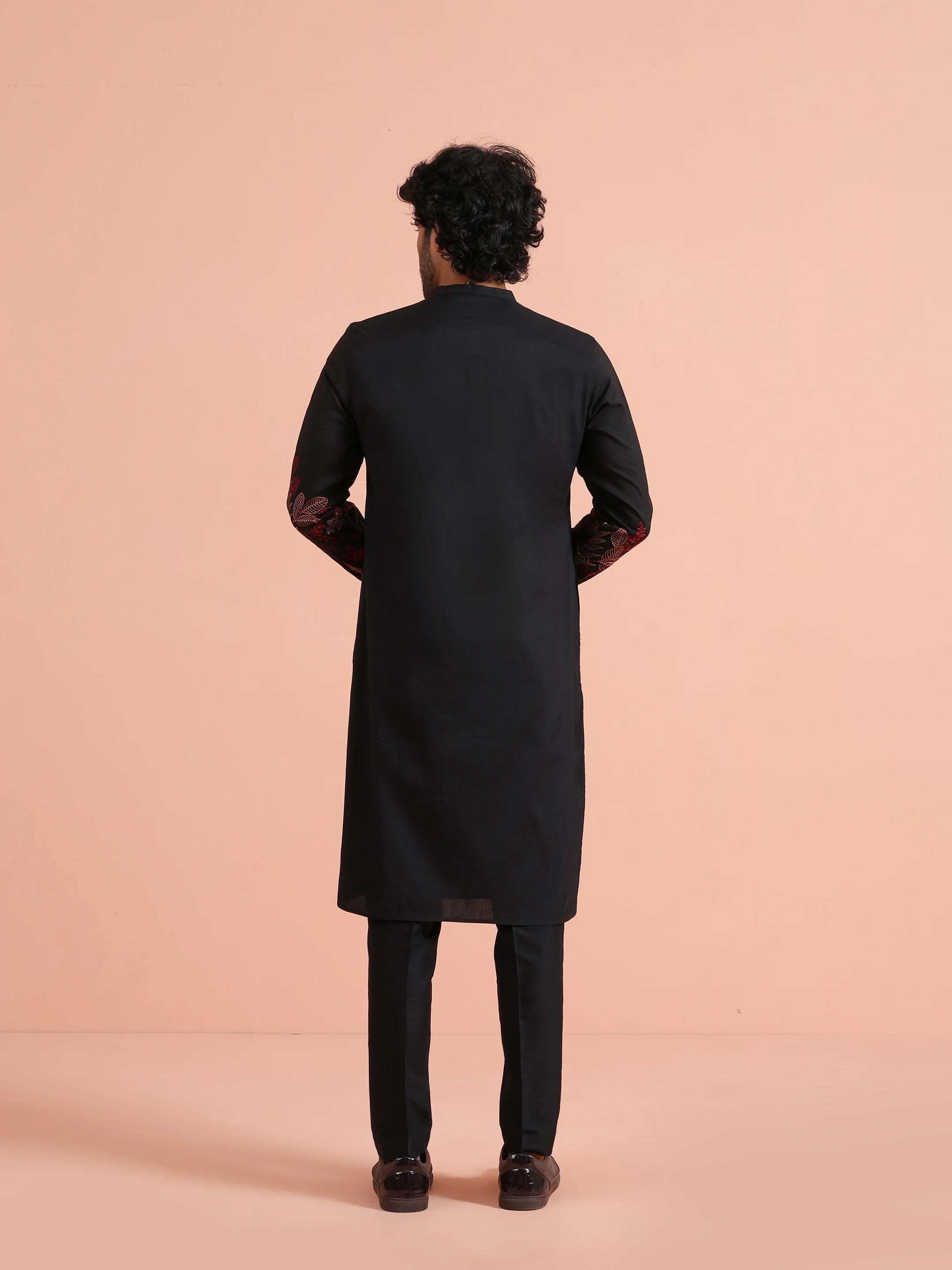 Black Floral Embroidered Kurta Trouser Set - Image 4