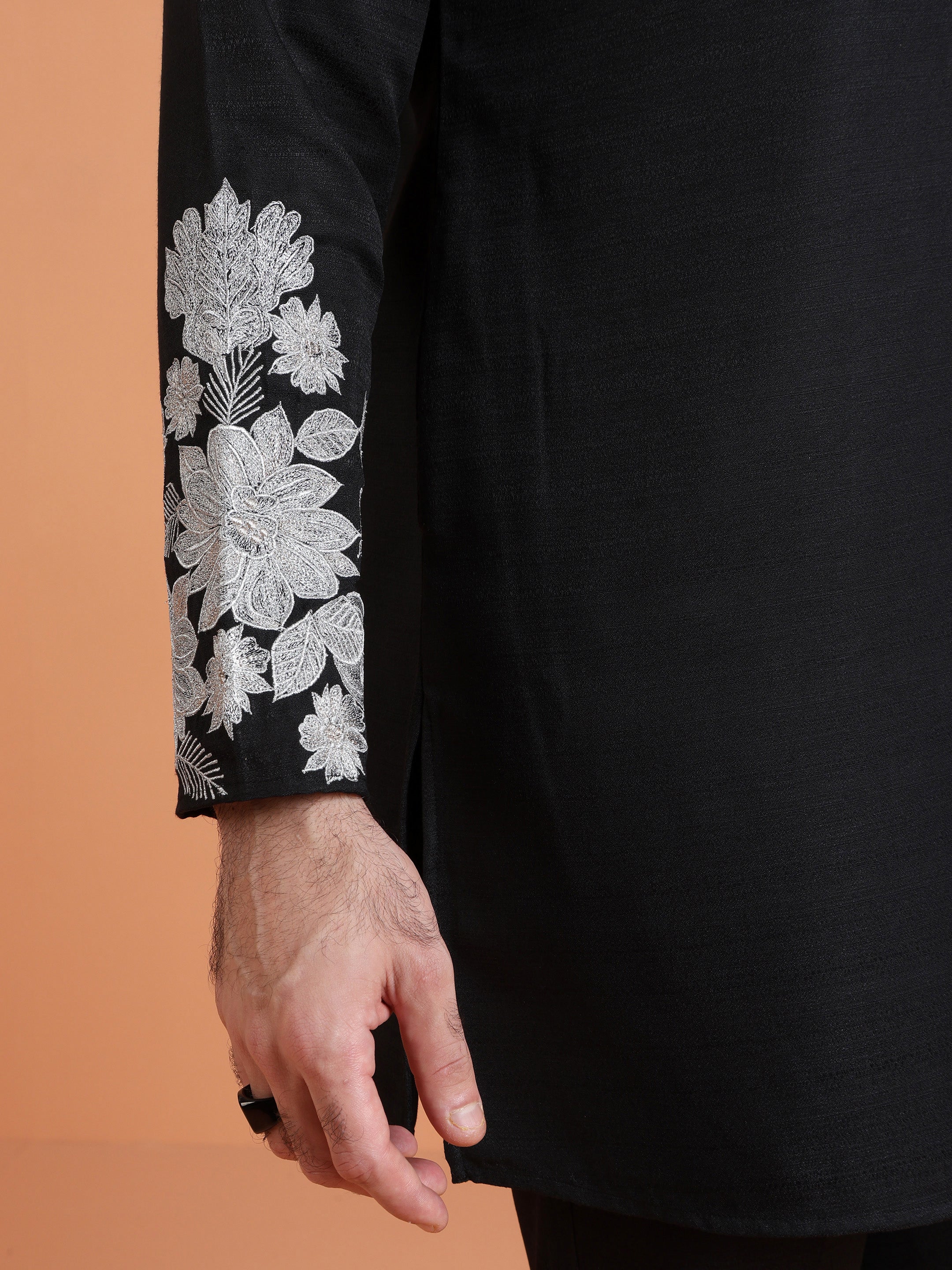 Black Floral Embroidered Kurta with Black Trouser Set for Festive Wear - Image 6