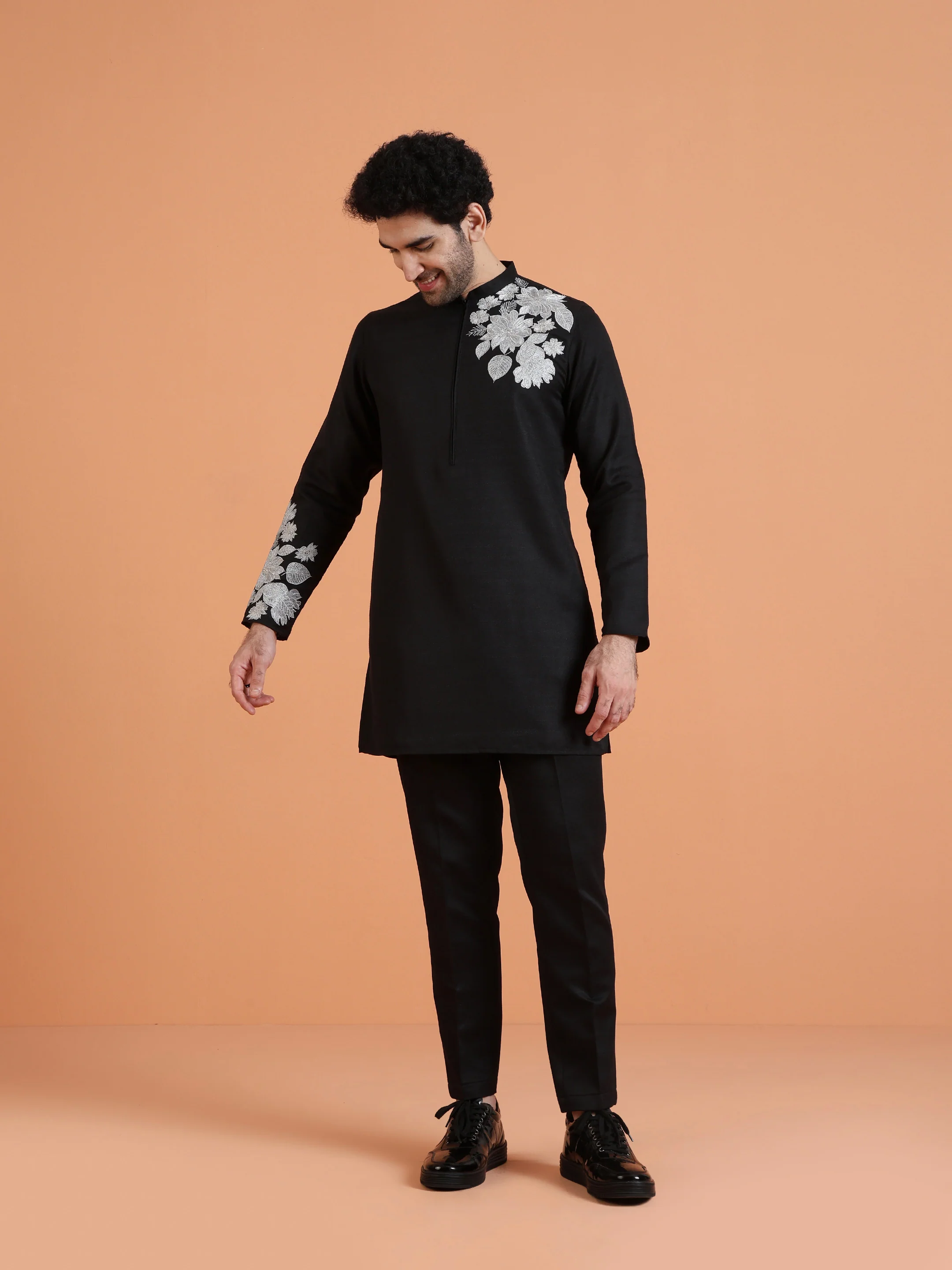 Black Floral Embroidered Kurta with Black Trouser Set for Festive Wear - Image 8