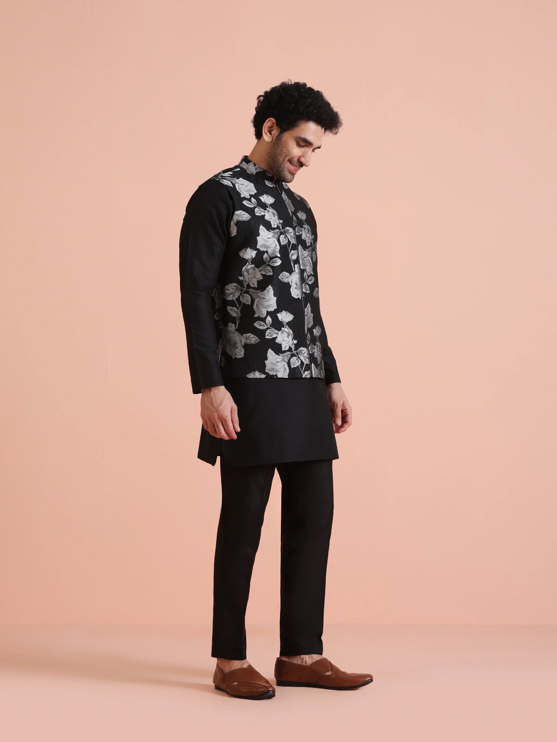 Black Floral Jacquard Nehru Jacket with Zip - Image 3