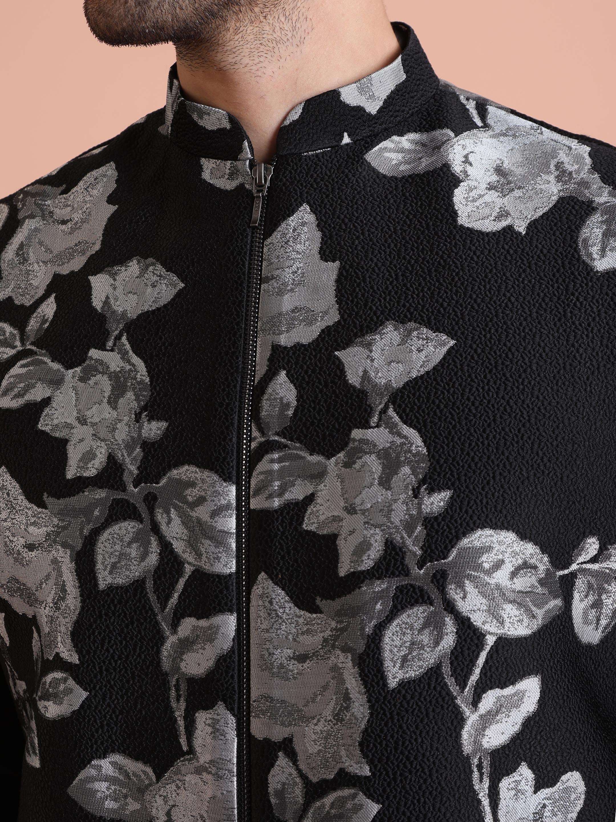 Black Floral Jacquard Nehru Jacket with Zip - Image 4