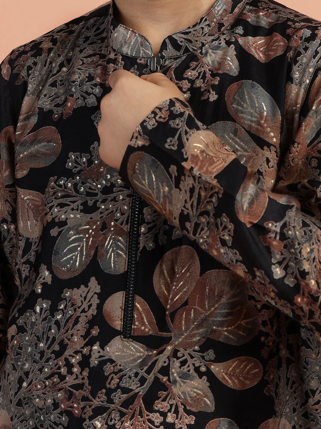 Black Floral Kids Kurta Set - Image 5