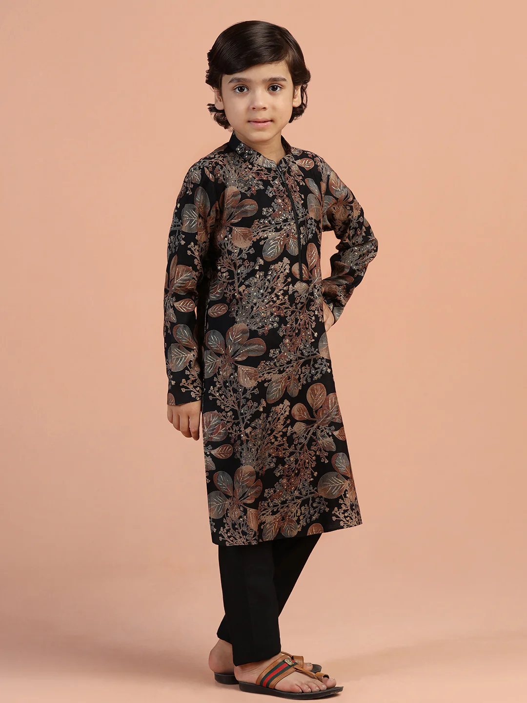Black Floral Printed Kurta - Image 3