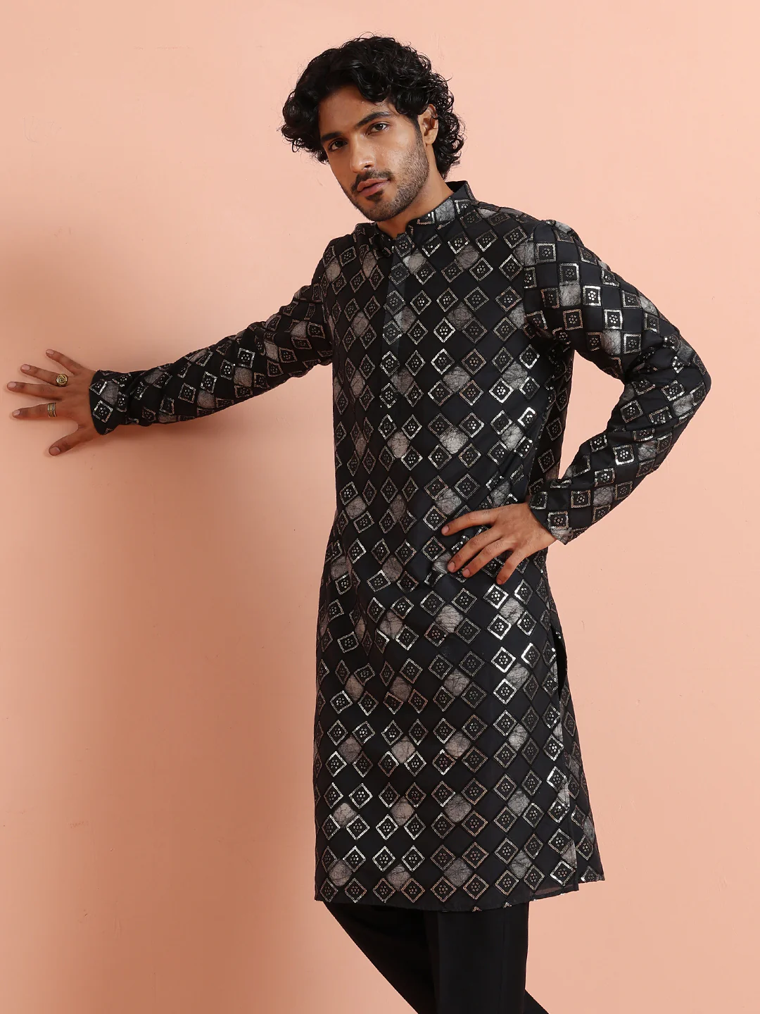Black Geometric Jacquard Kurta