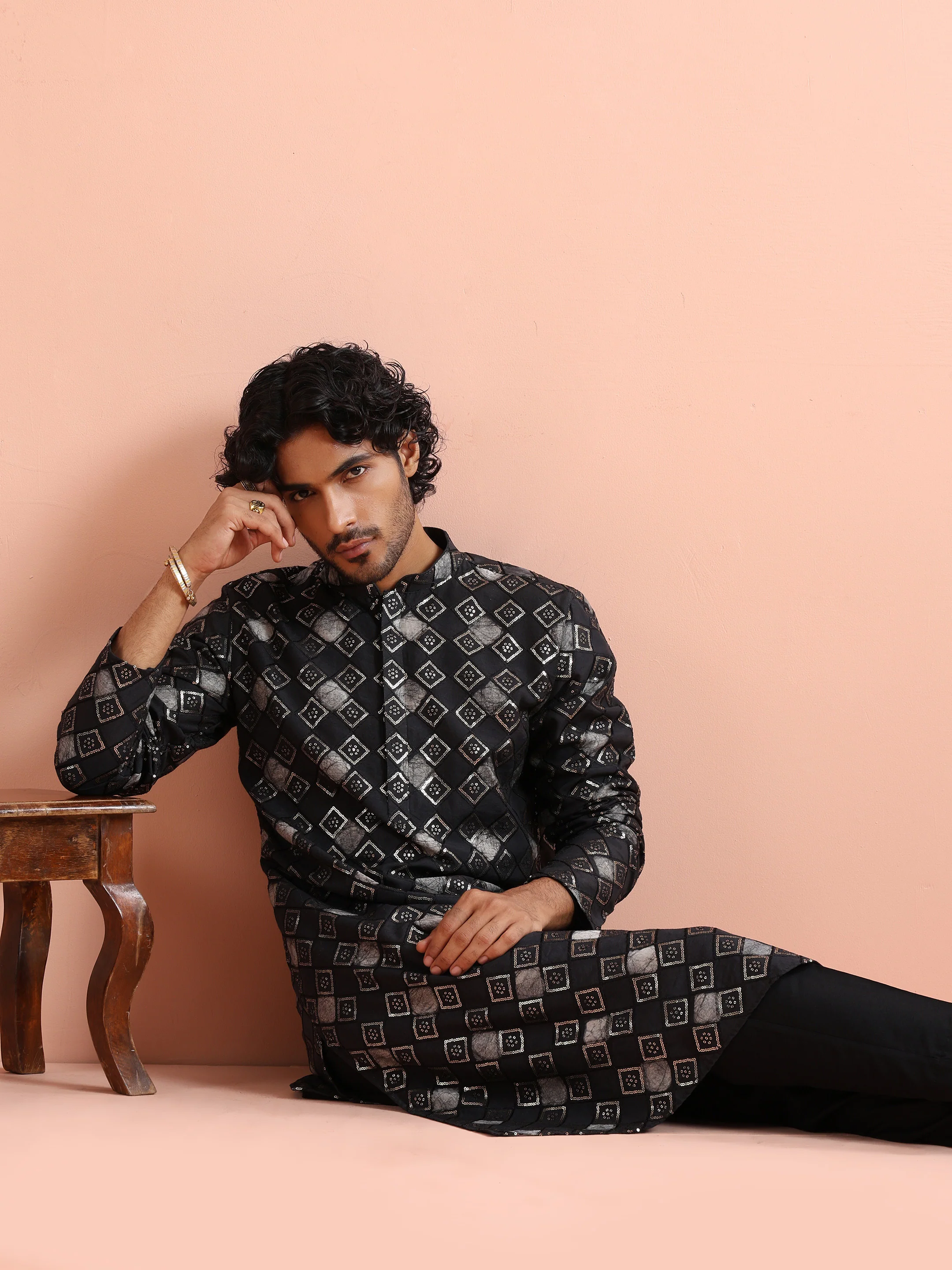 Black Geometric Jacquard Kurta - Image 7