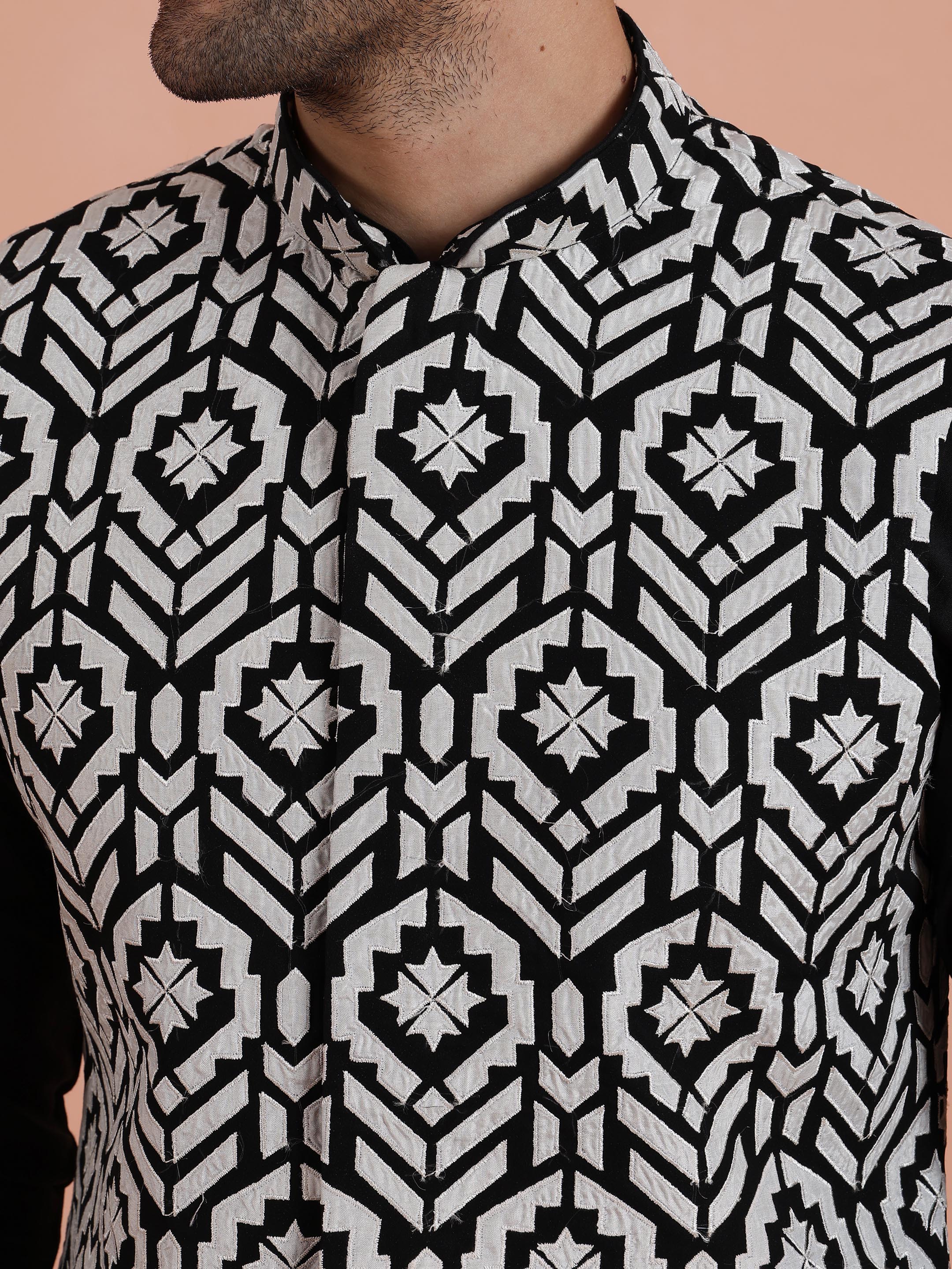 Black Geometric Kurta Jacket Set - Image 5