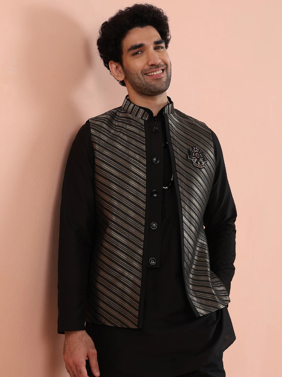 Black & Gold Striped Nehru Jacket – Stylish Festive
