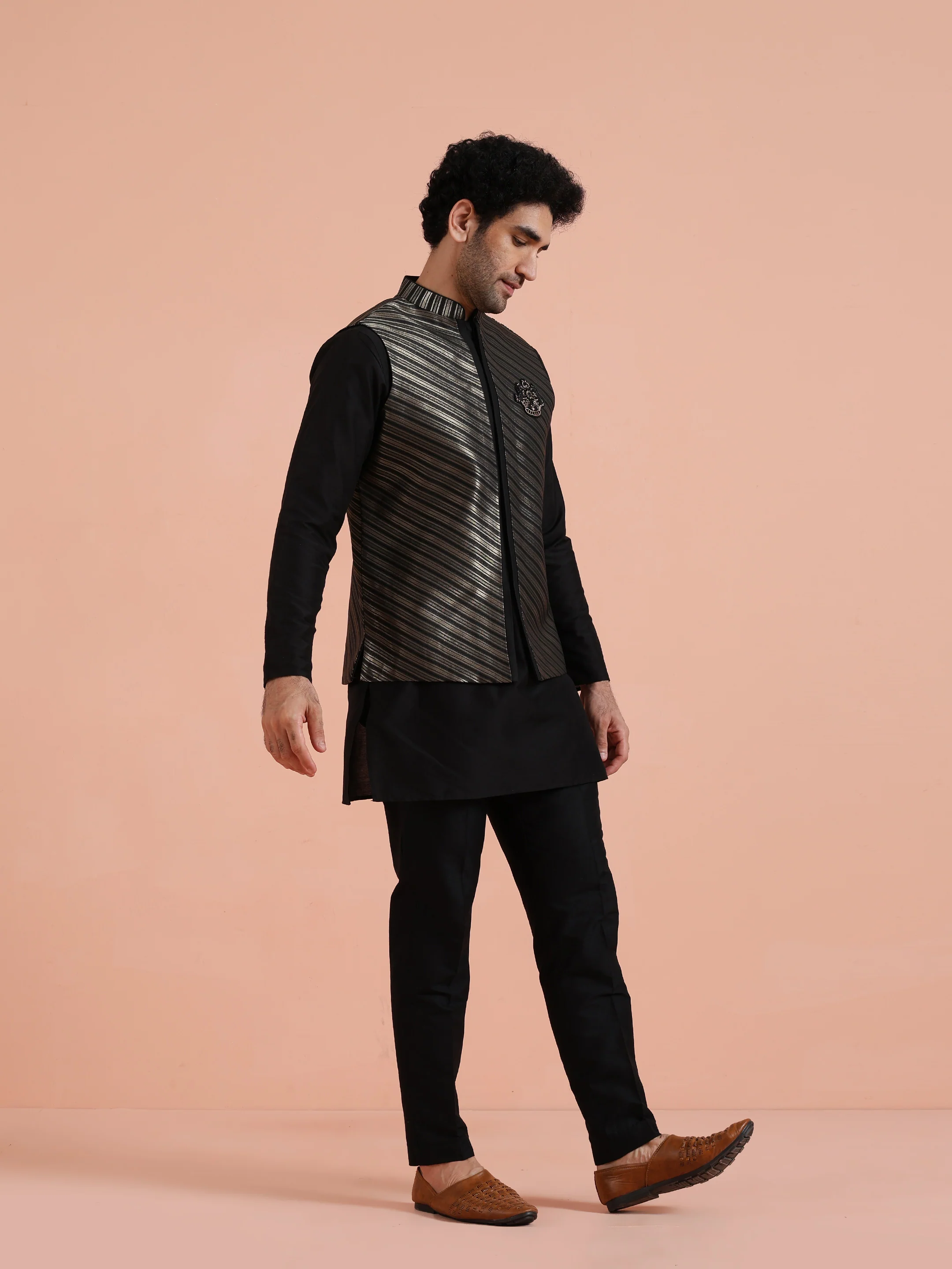 Black & Gold Striped Nehru Jacket – Stylish Festive - Image 2