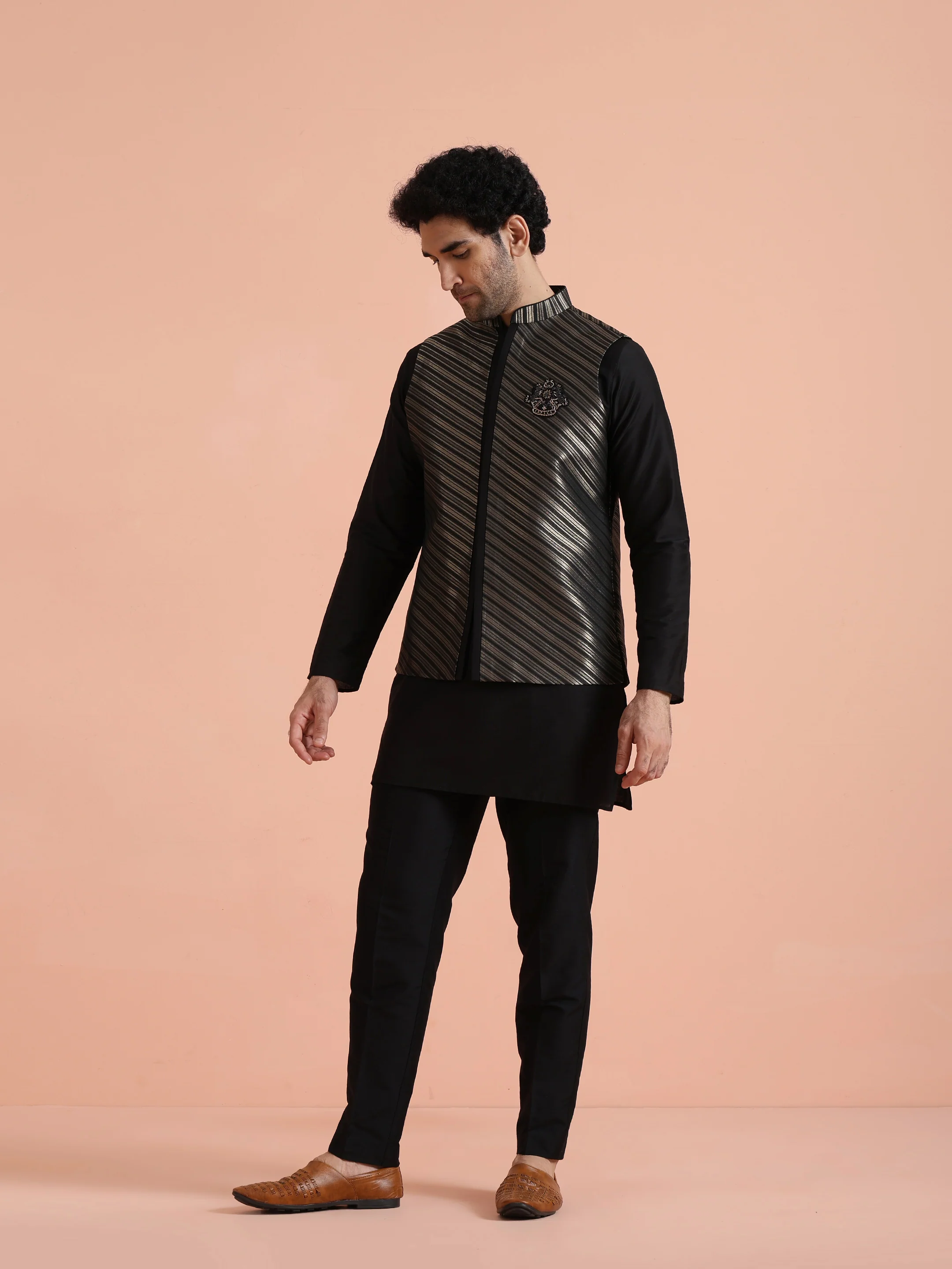 Black & Gold Striped Nehru Jacket – Stylish Festive - Image 3