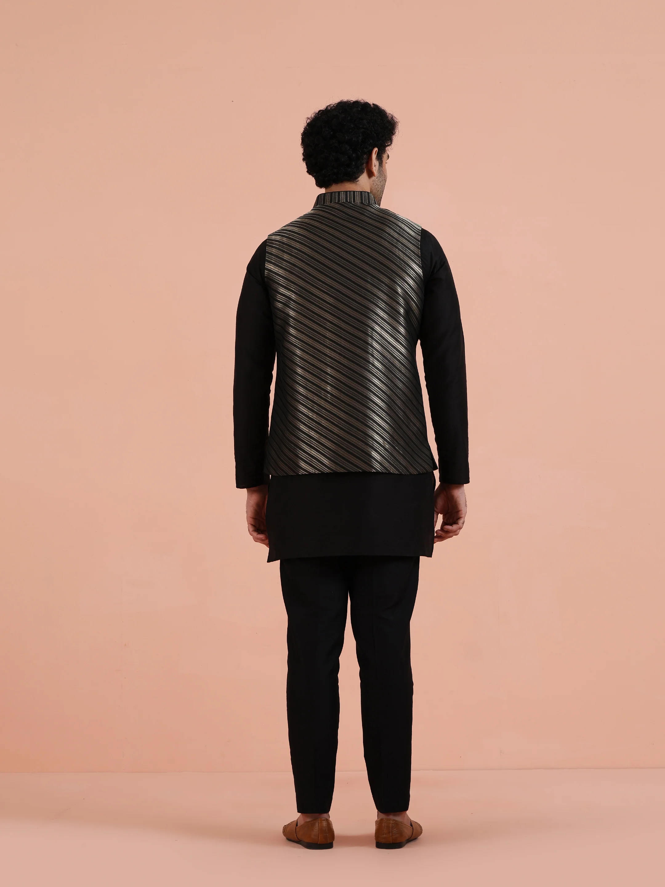 Black & Gold Striped Nehru Jacket – Stylish Festive - Image 4