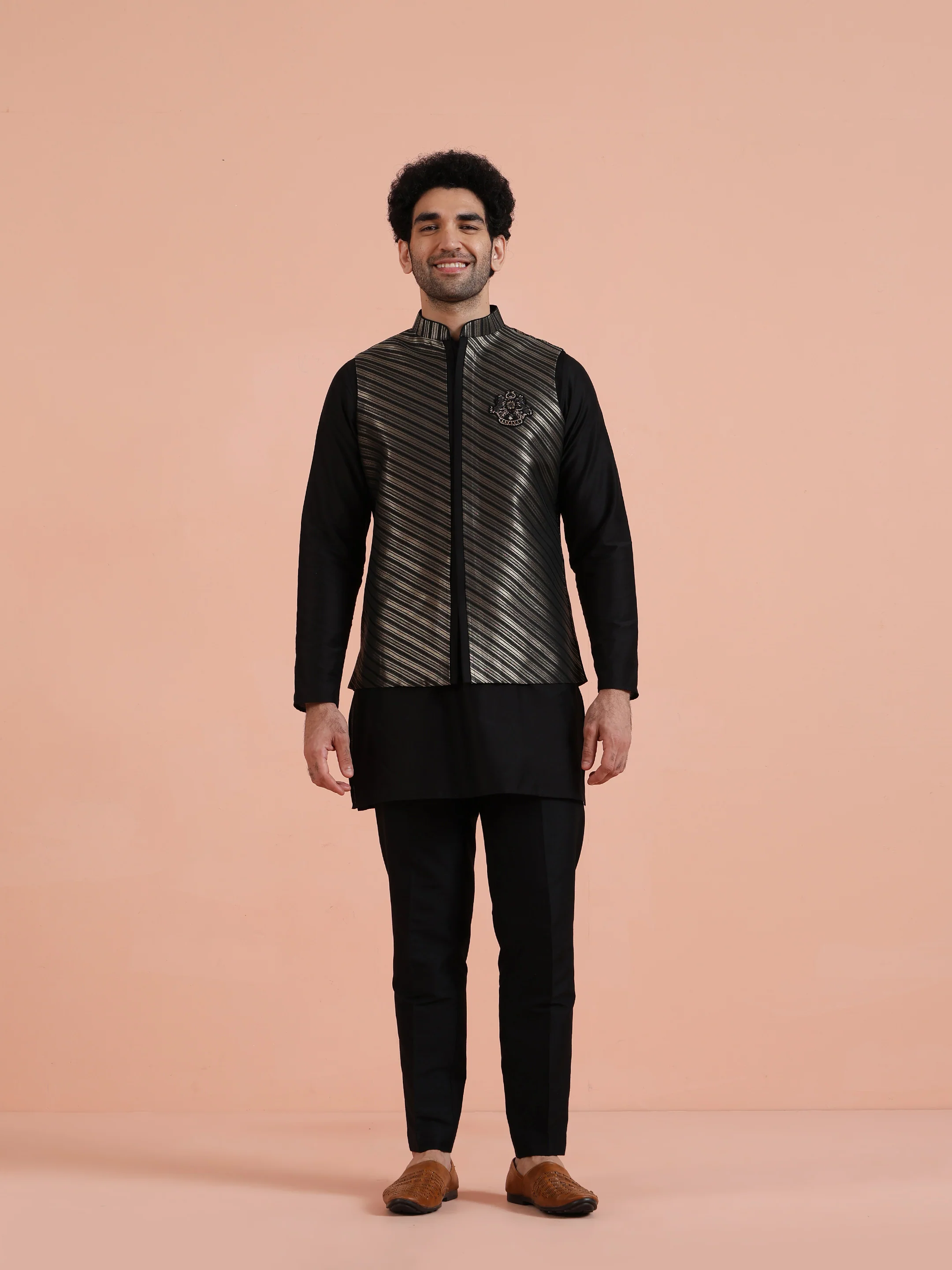 Black & Gold Striped Nehru Jacket – Stylish Festive - Image 8