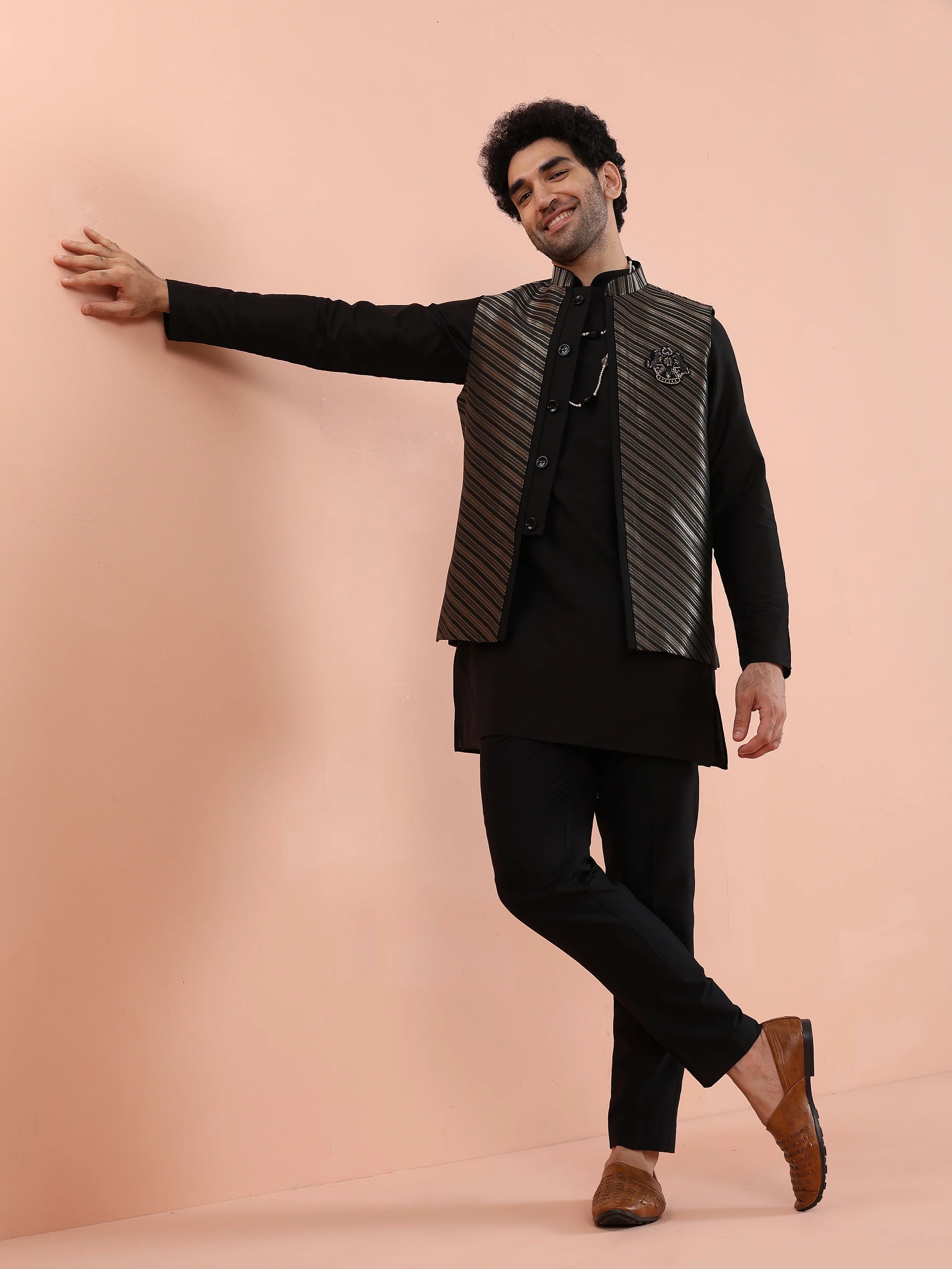 Black & Gold Striped Nehru Jacket – Stylish Festive - Image 9