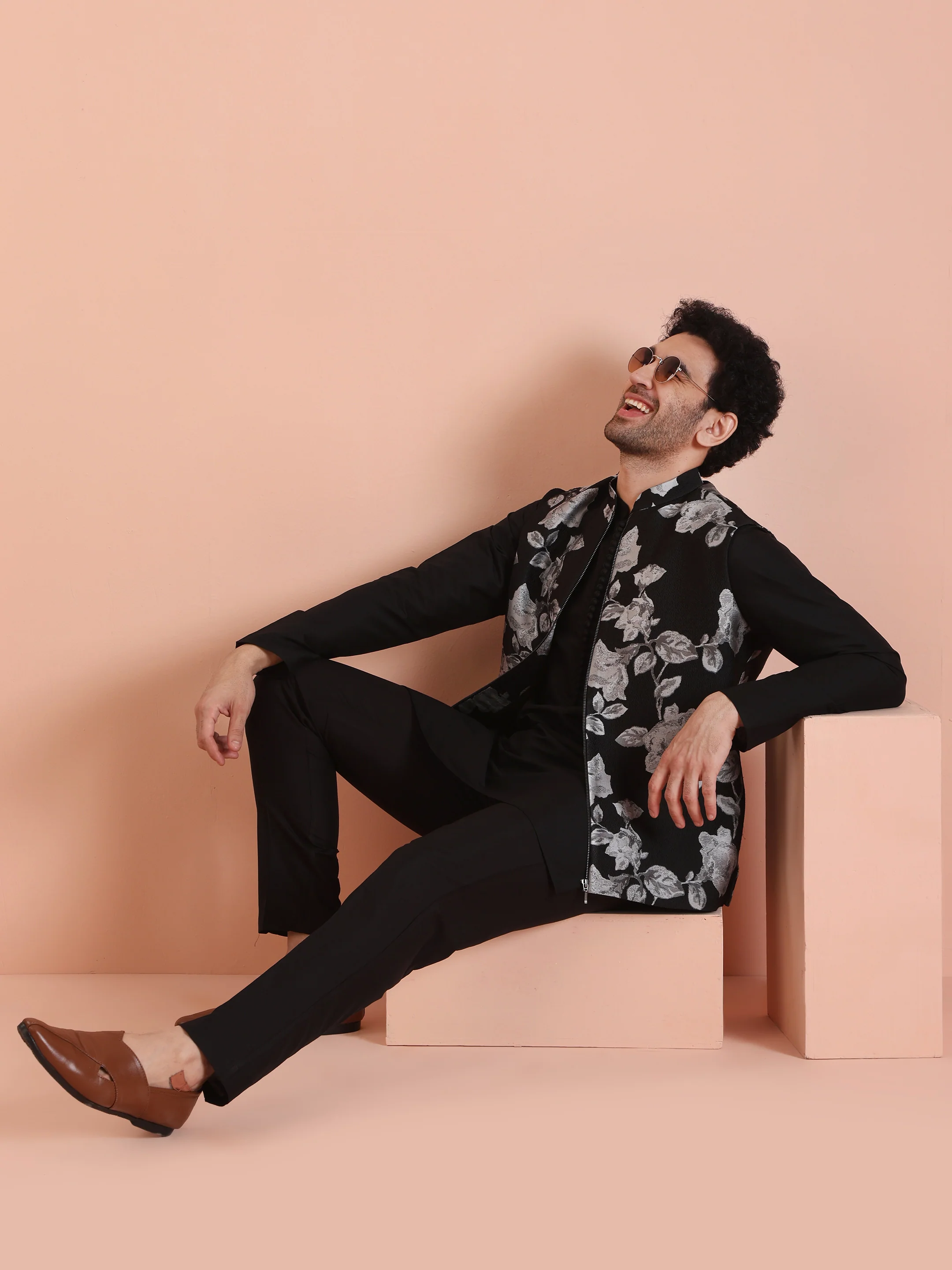 Black Jacquard Nehru Jacket Kurta Set
