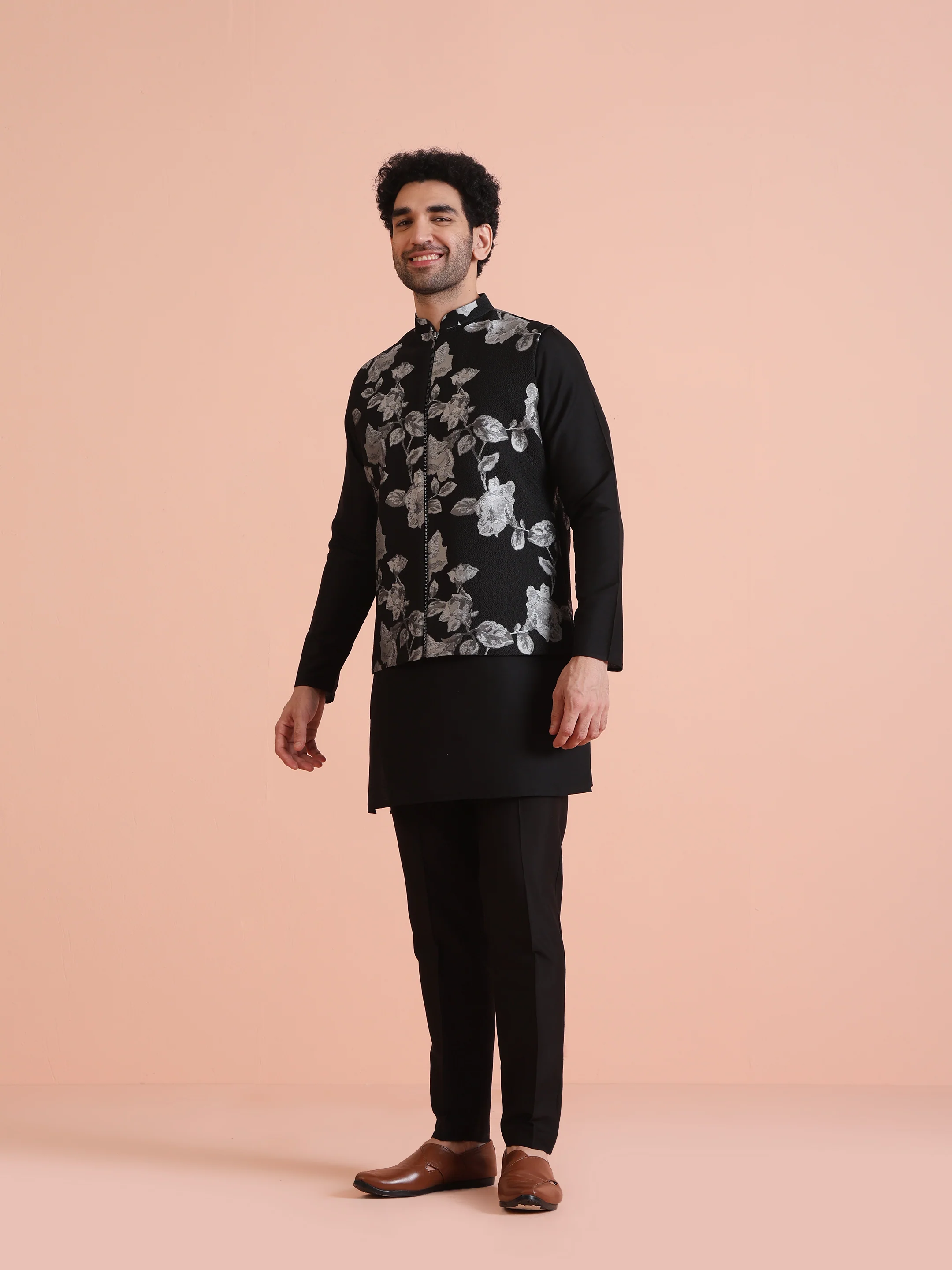 Black Jacquard Nehru Jacket Kurta Set - Image 2