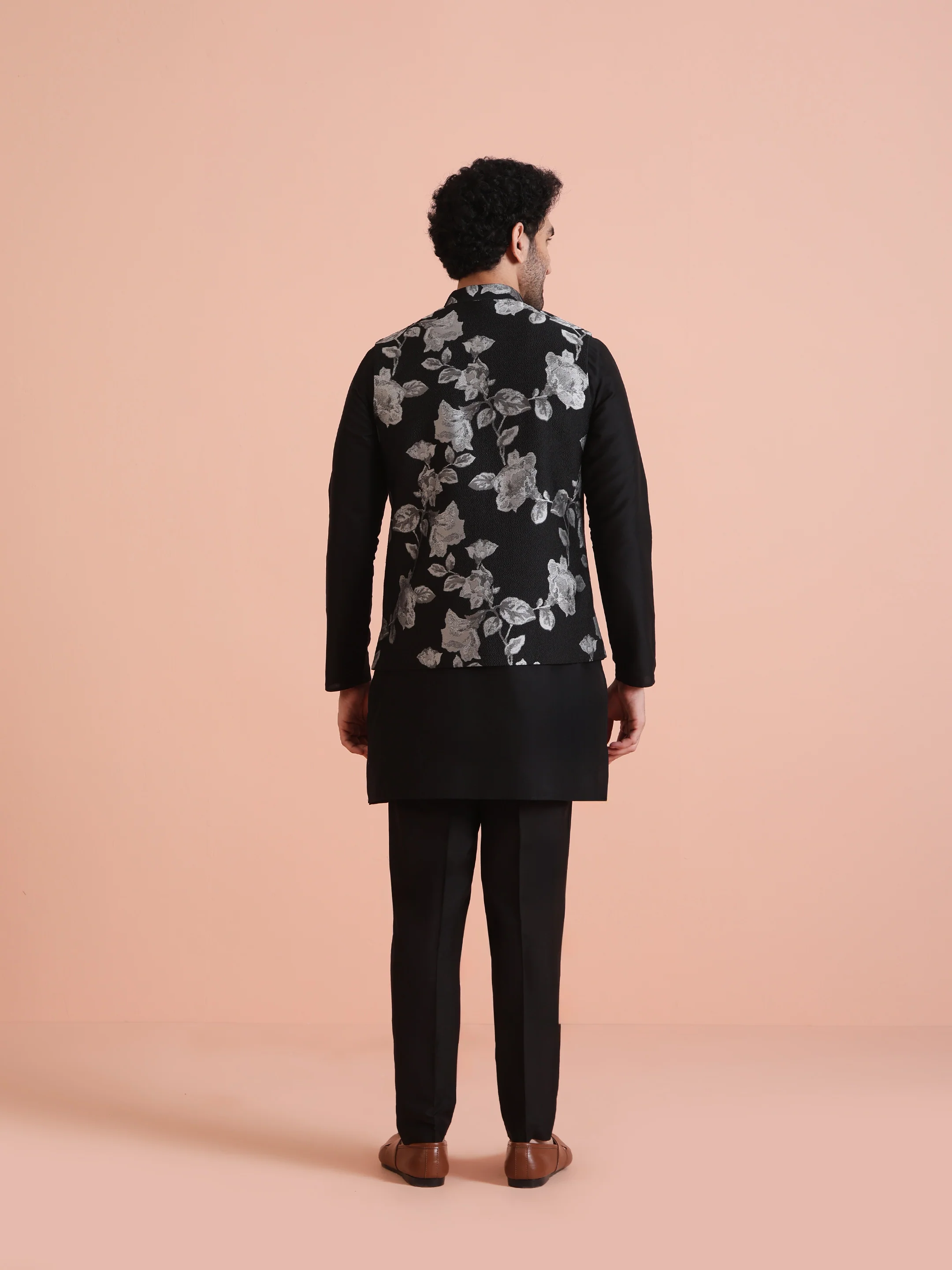 Black Jacquard Nehru Jacket Kurta Set - Image 4