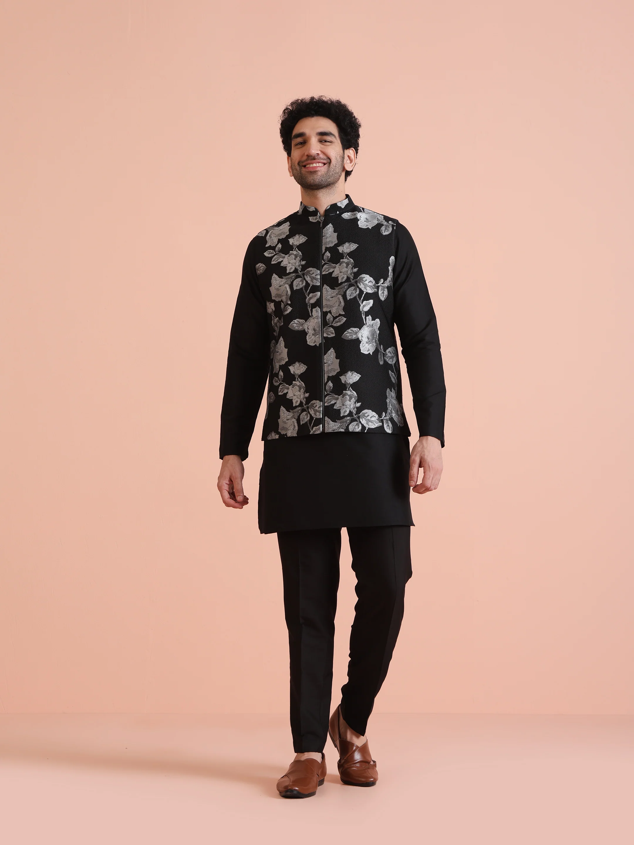 Black Jacquard Nehru Jacket Kurta Set - Image 8