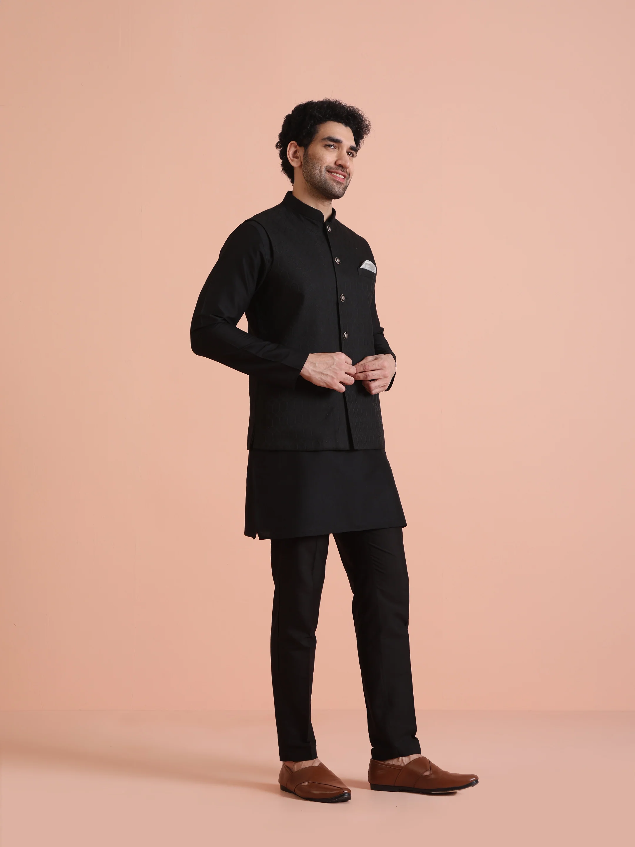 Black Jacquard Silk Blend Kurta Jacket Set - Image 3