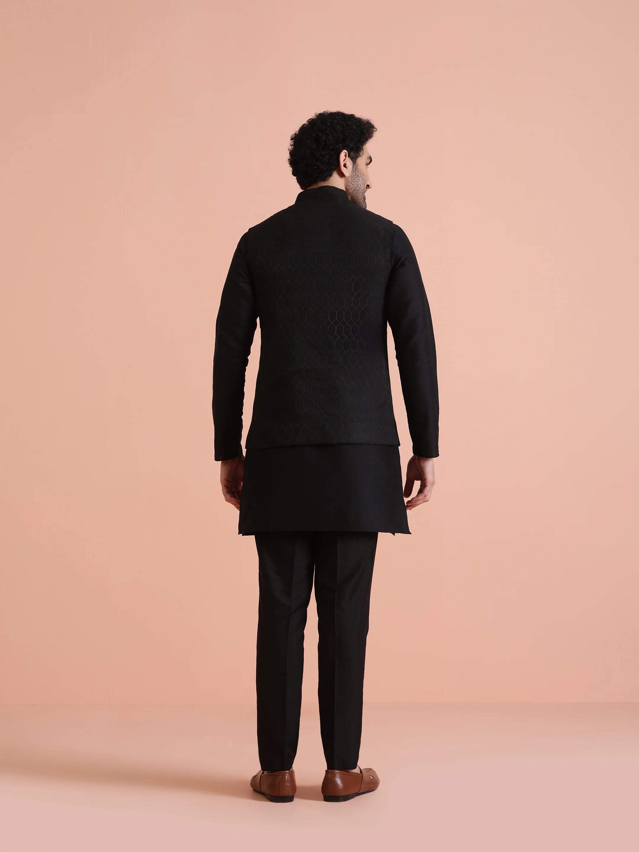 Black Jacquard Silk Blend Kurta Jacket Set - Image 4