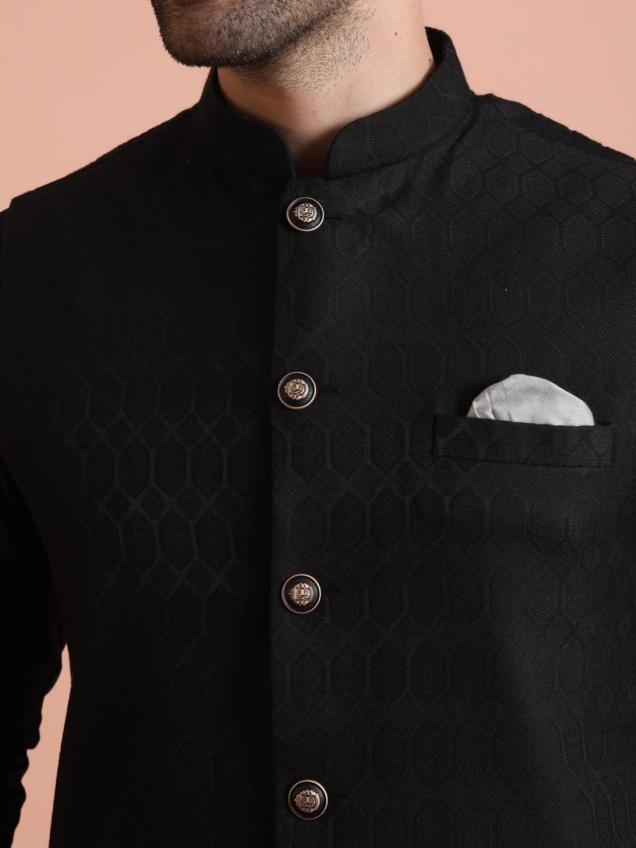 Black Jacquard Silk Blend Kurta Jacket Set - Image 5