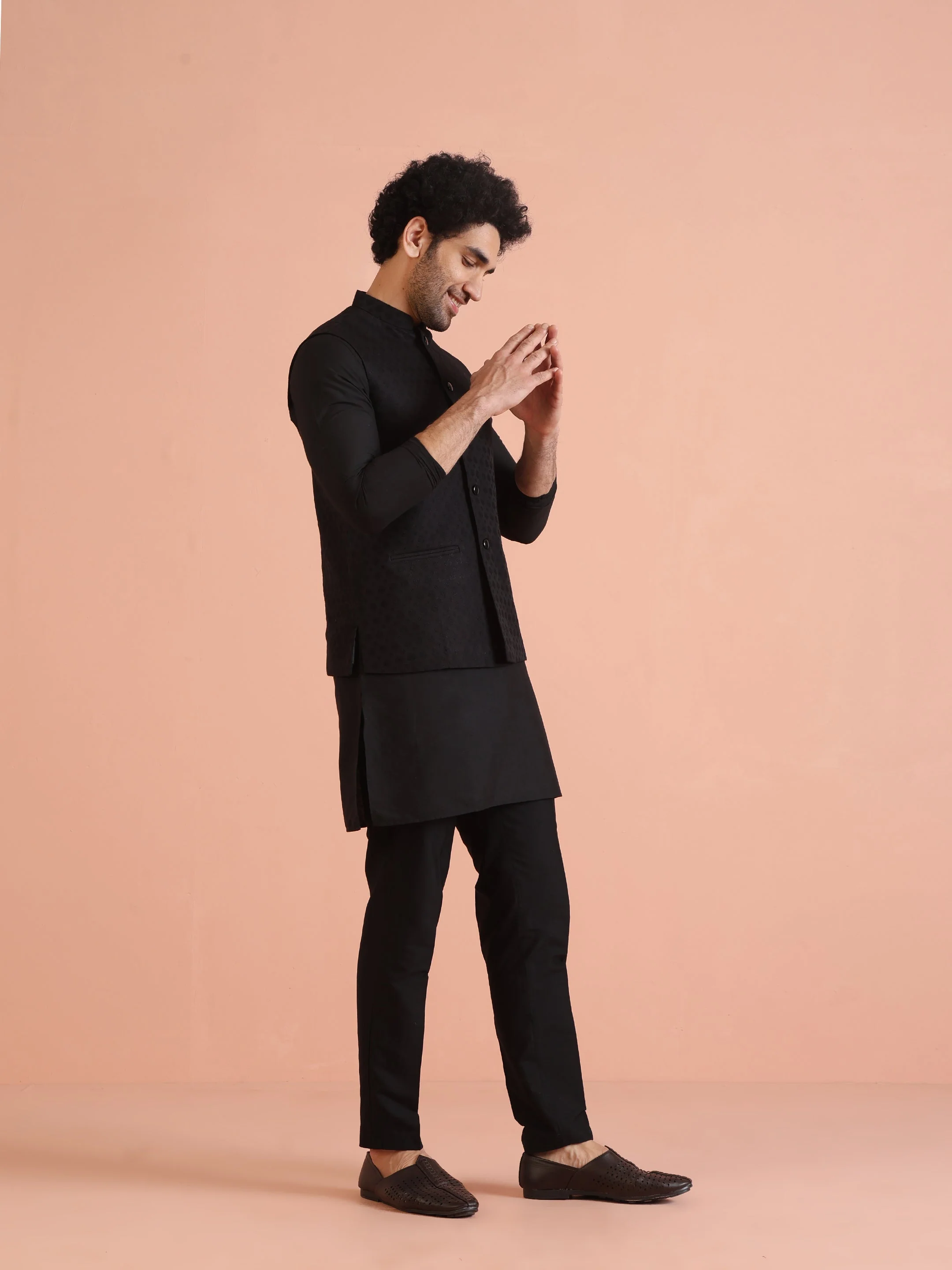 Black Jacquard Woven Jacket Kurta Trouser Set - Image 2