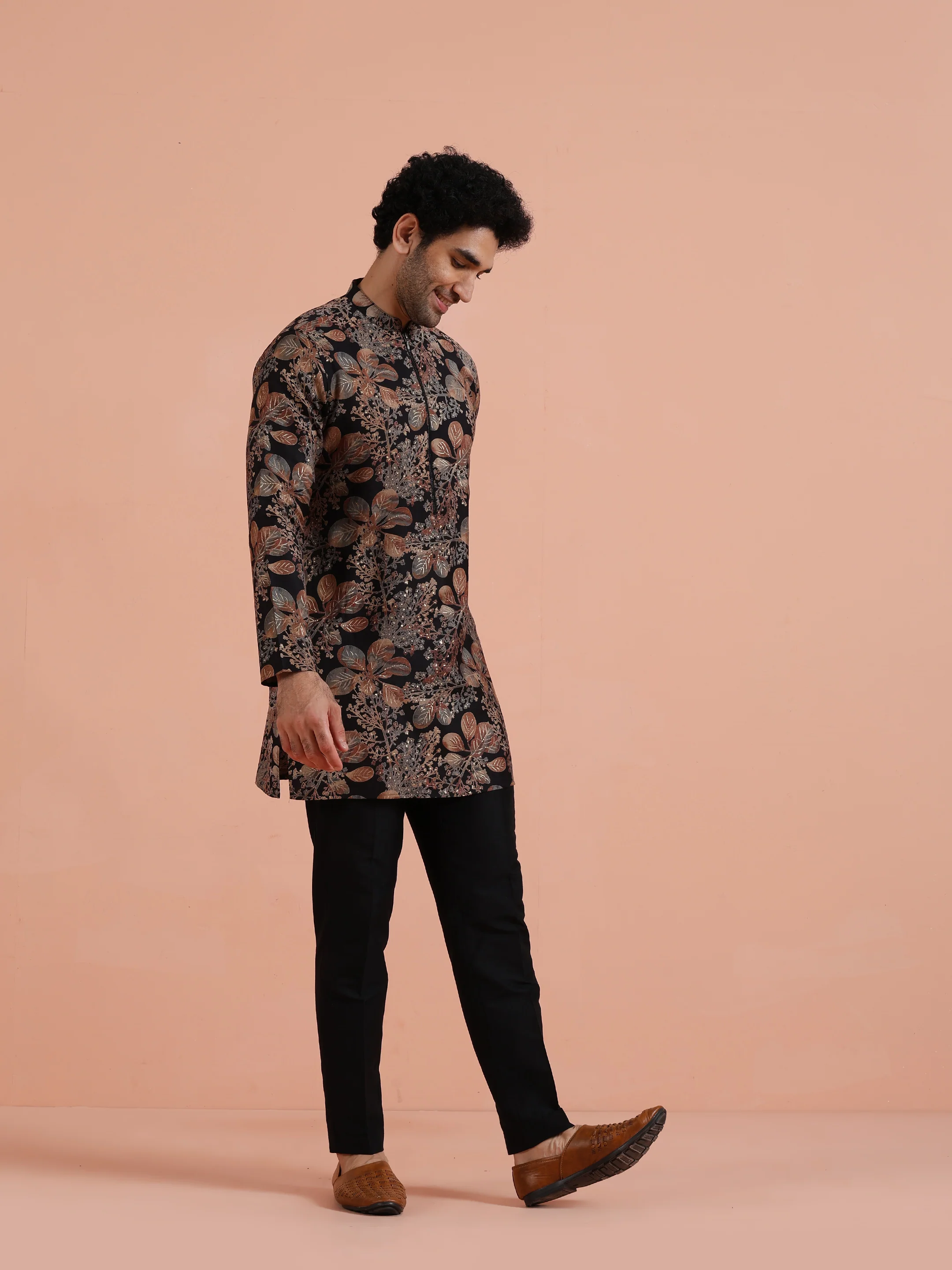 Black Kurta with Golden Floral Print - Image 3