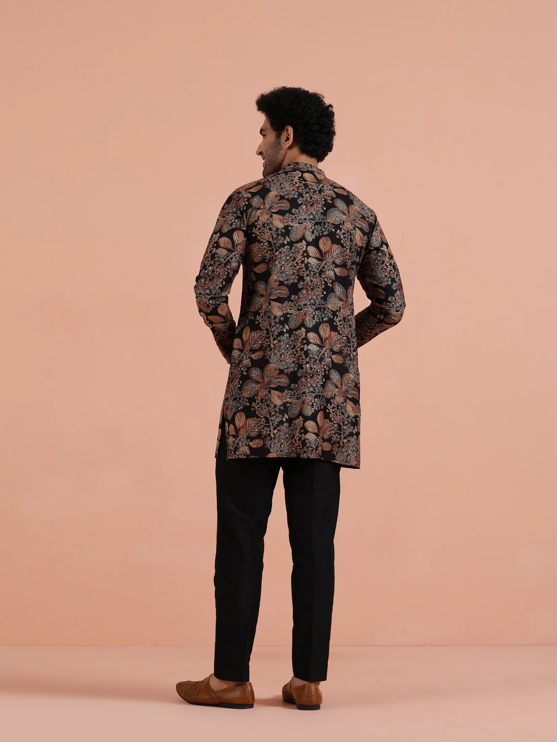Black Kurta with Golden Floral Print - Image 4