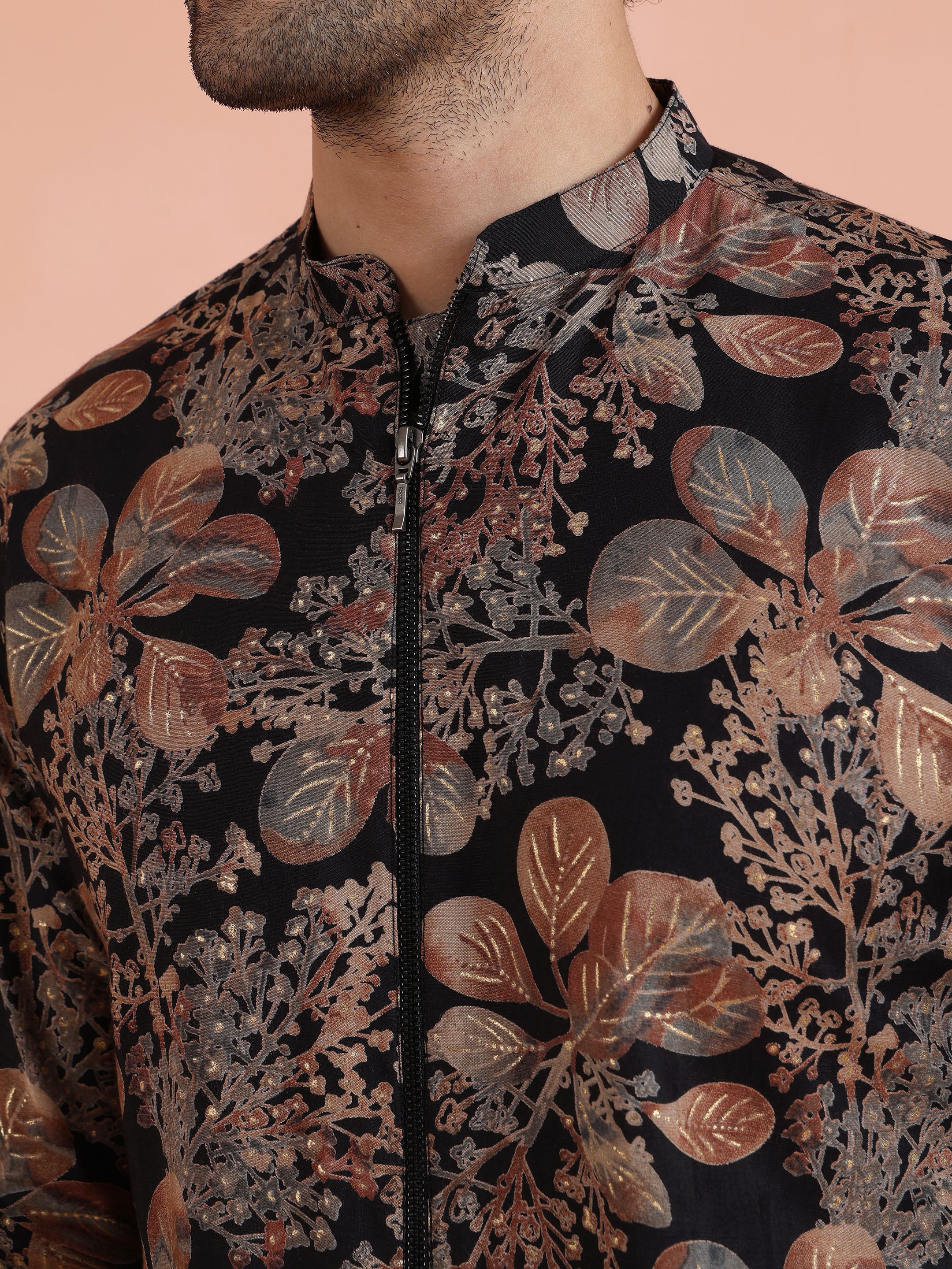 Black Kurta with Golden Floral Print - Image 5
