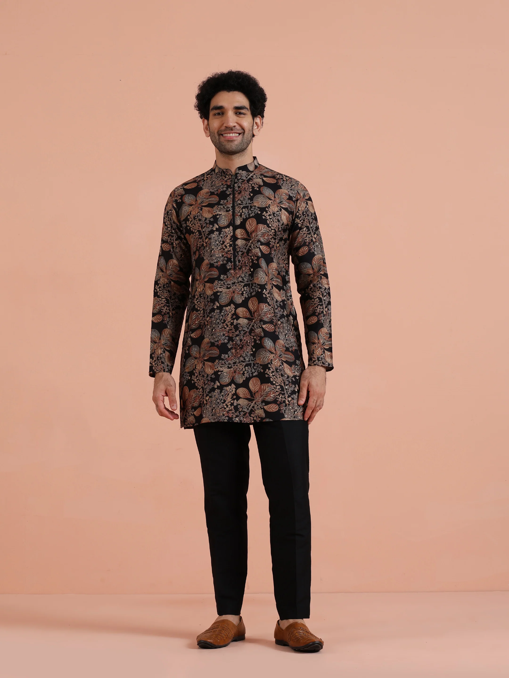Black Kurta with Golden Floral Print - Image 8