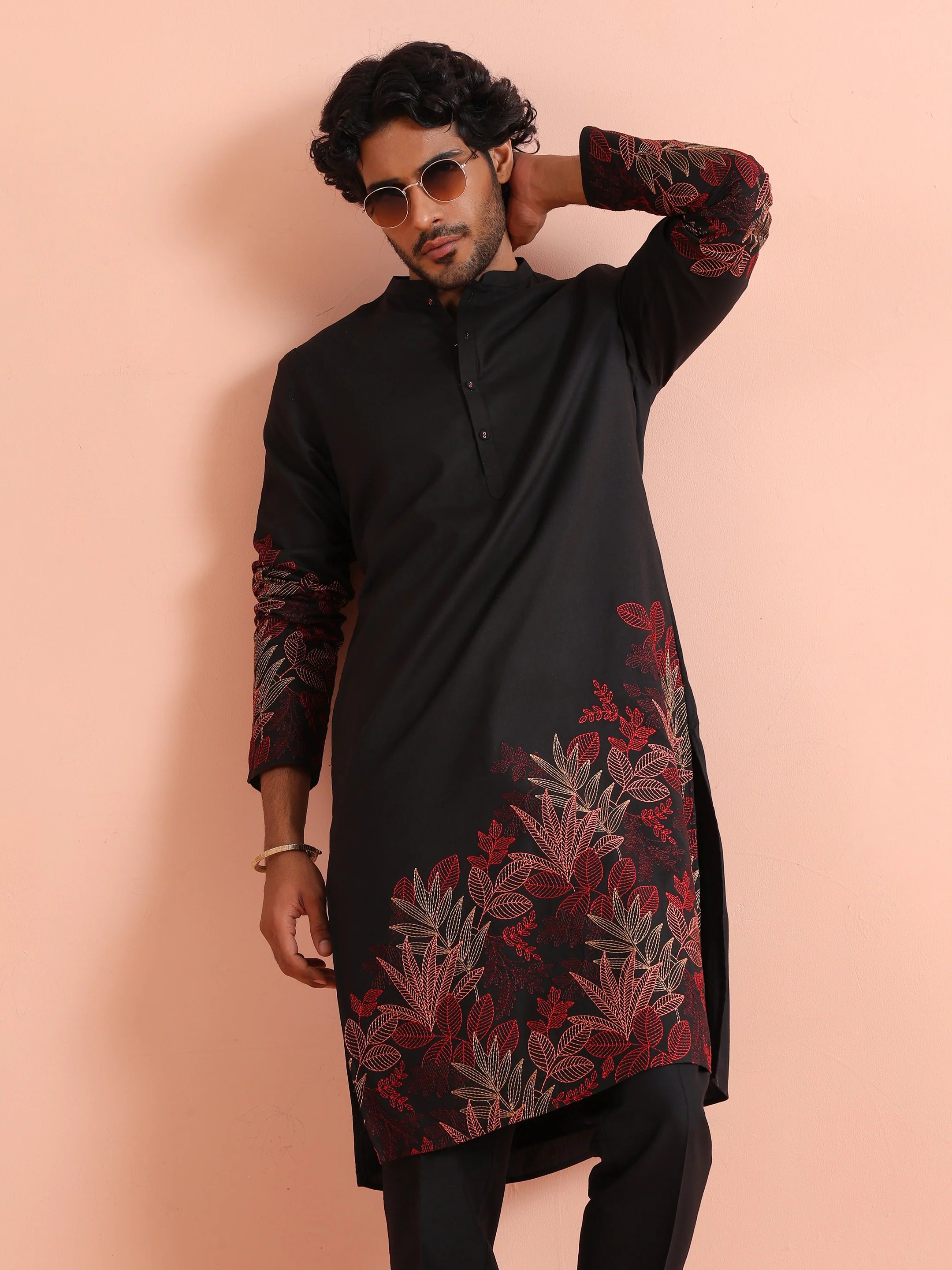 Black Kurta with Red Embroidery