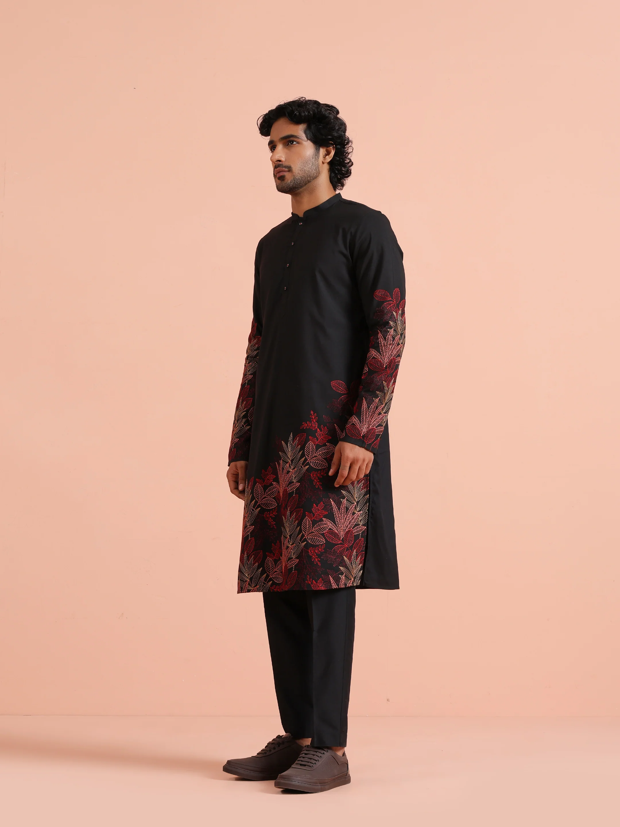 Black Kurta with Red Embroidery - Image 2