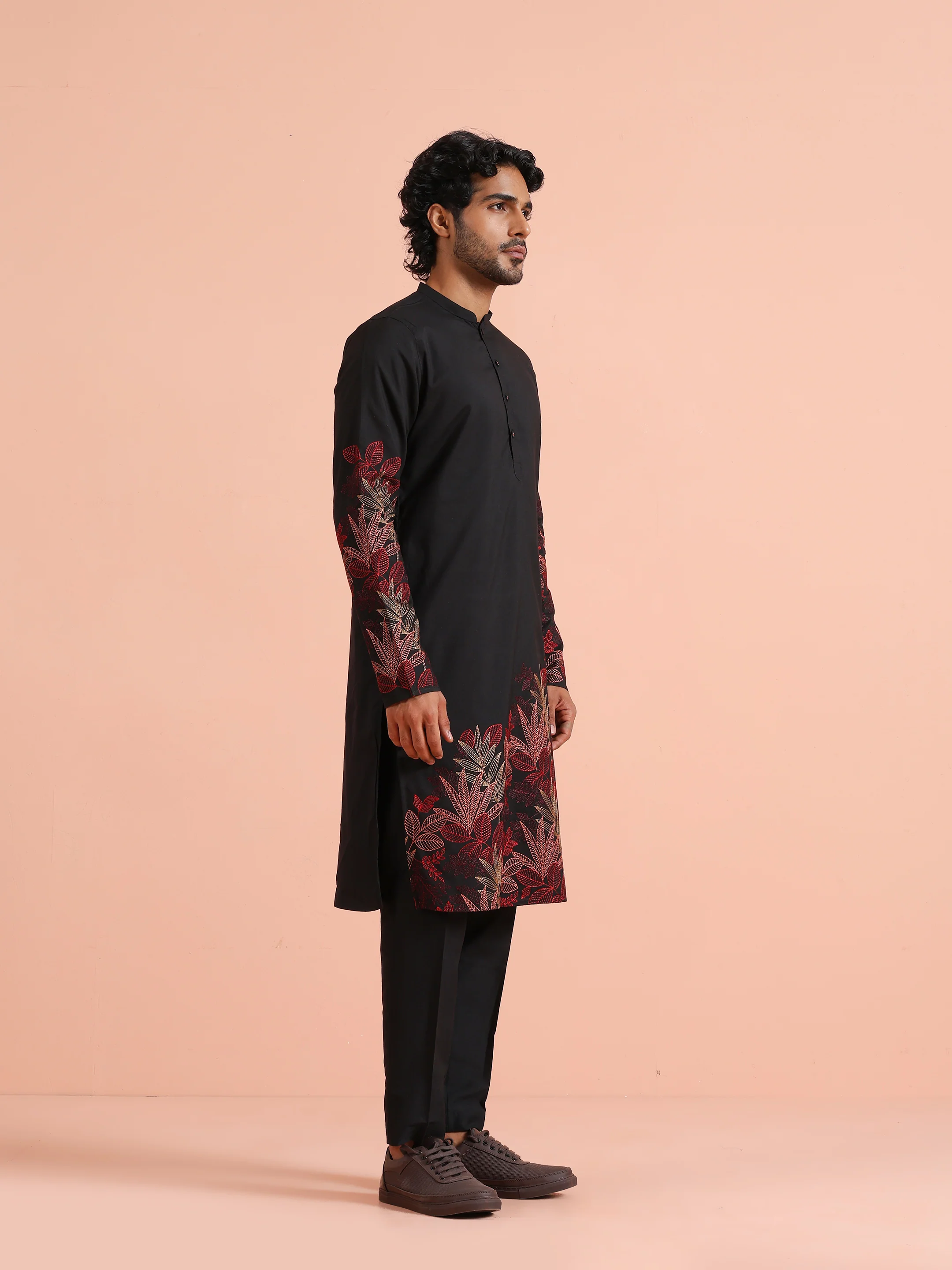 Black Kurta with Red Embroidery - Image 3