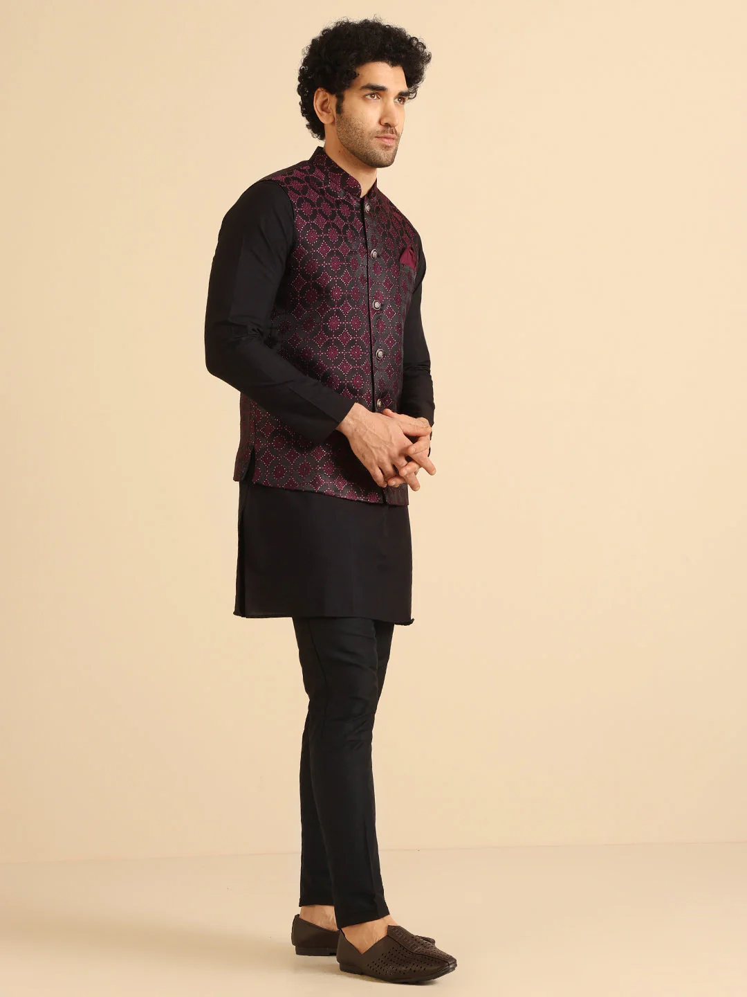 Black Maroon Textured Nehru Jacket - Image 2
