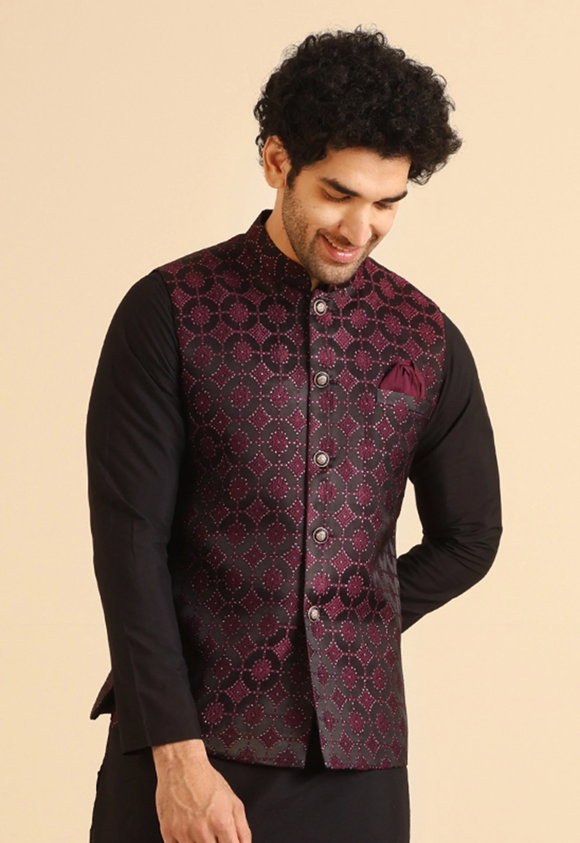 Black Maroon Textured Nehru Jacket - Image 5