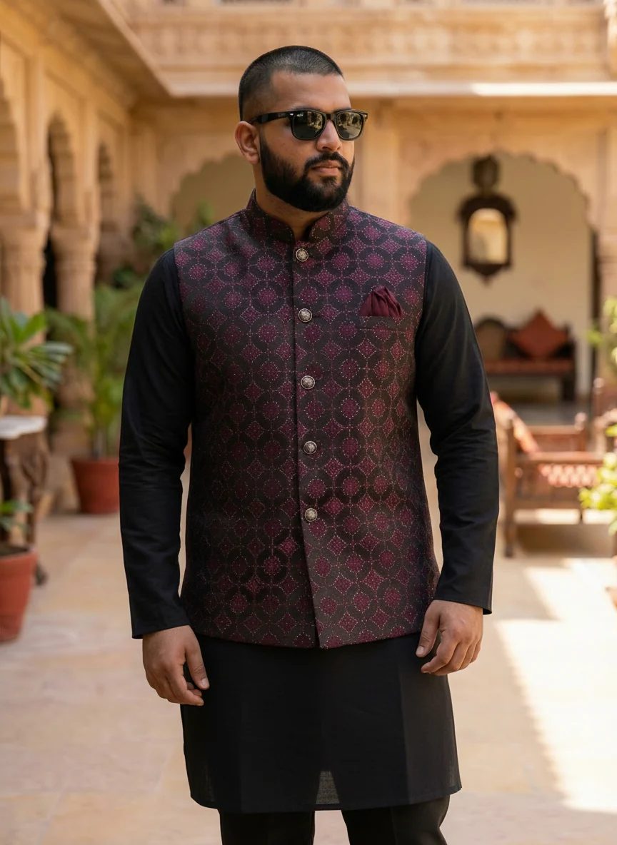 Black Maroon Textured Nehru Jacket - Image 6