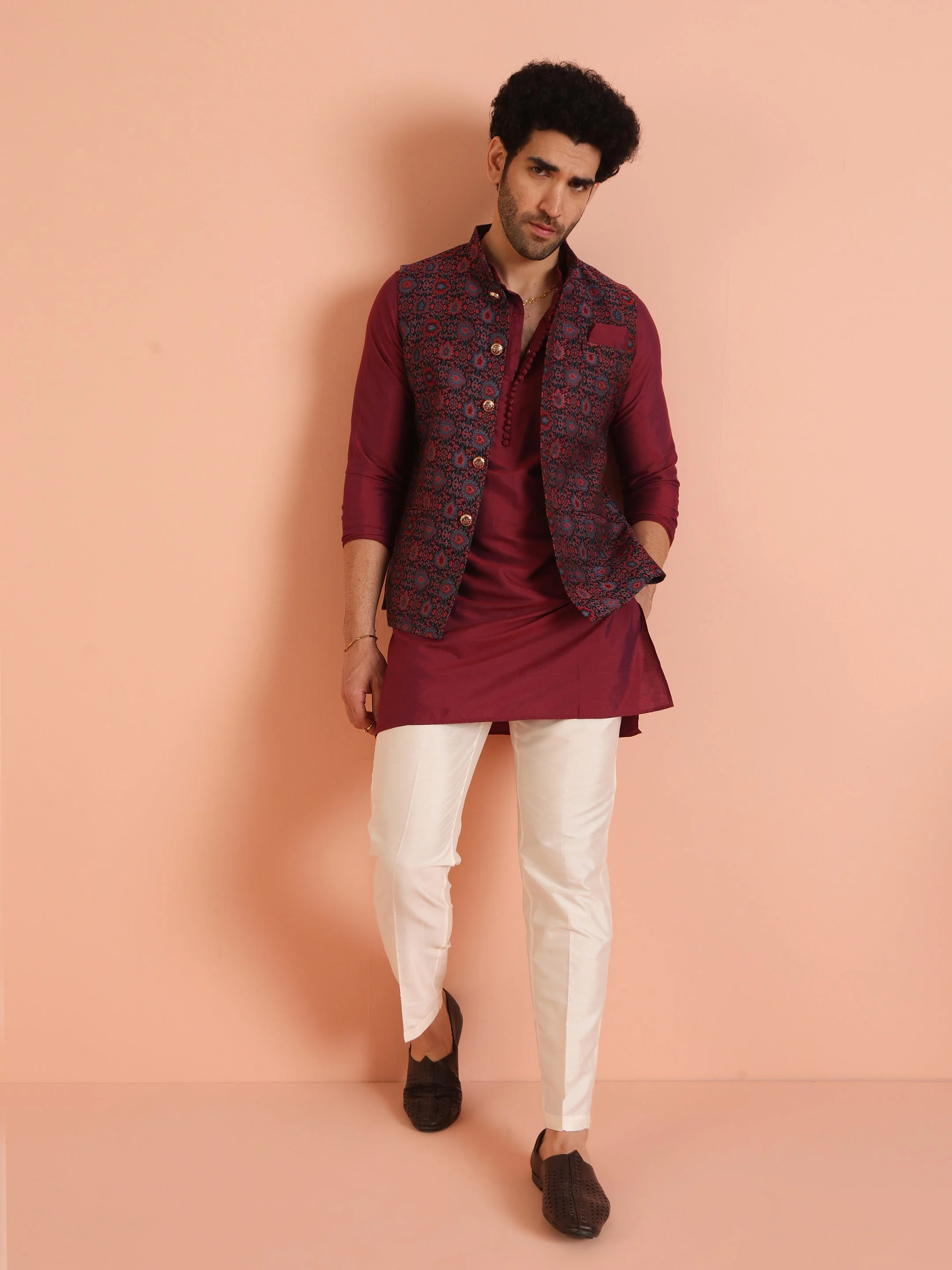 Black Maroon Woven Nehru Jacket - Image 2