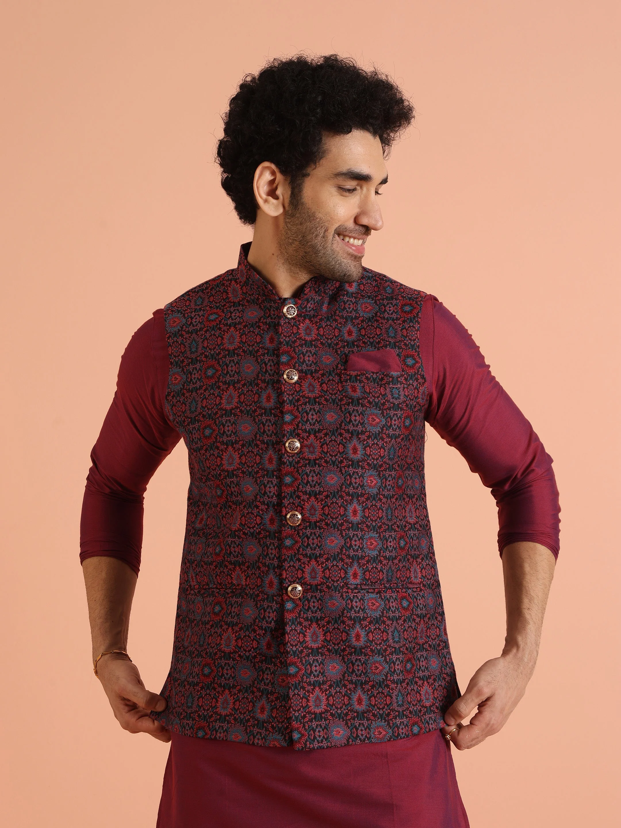 Black Maroon Woven Nehru Jacket - Image 8