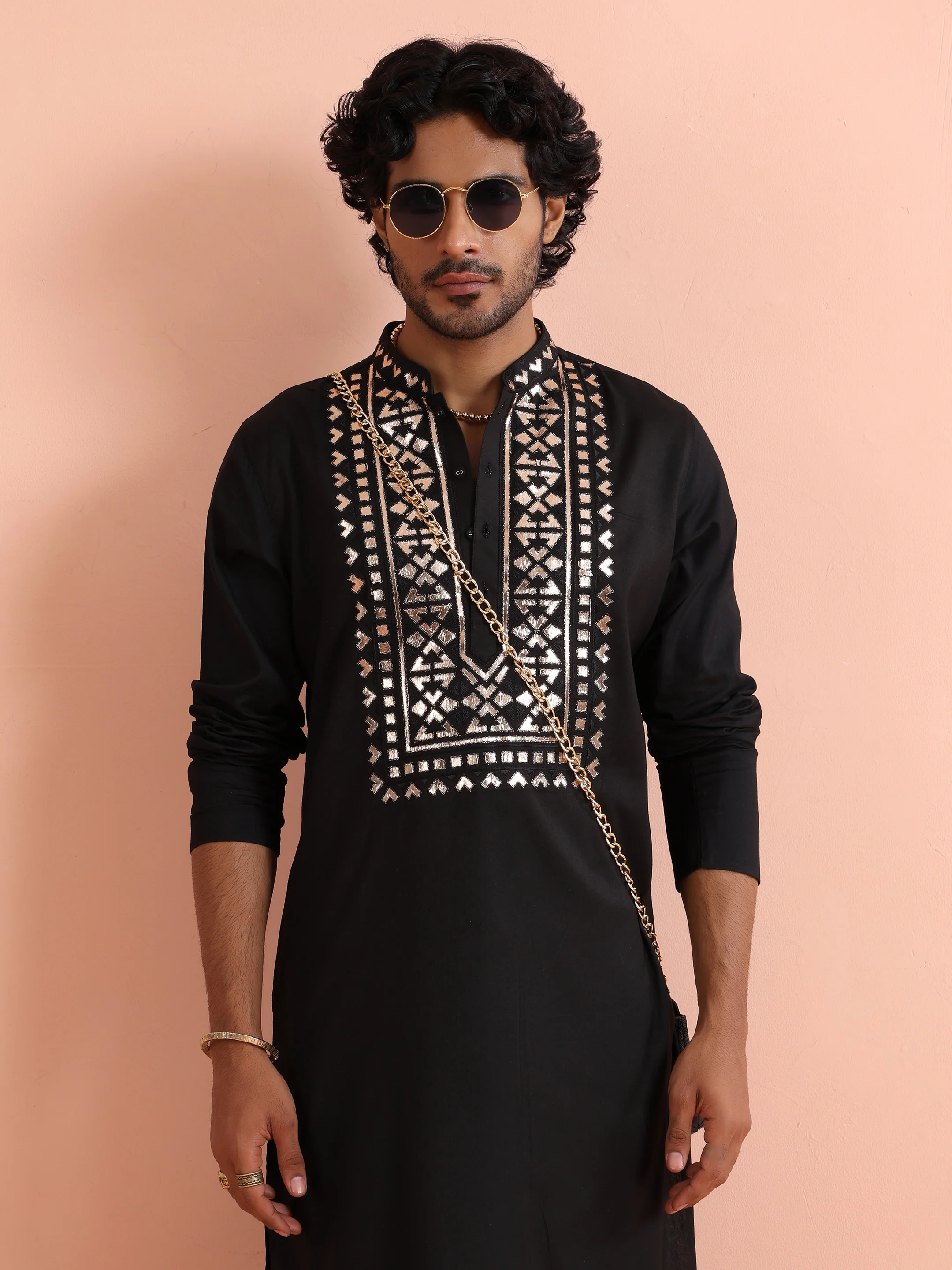 Black Metallic Embroidered Kurta Set - Image 9