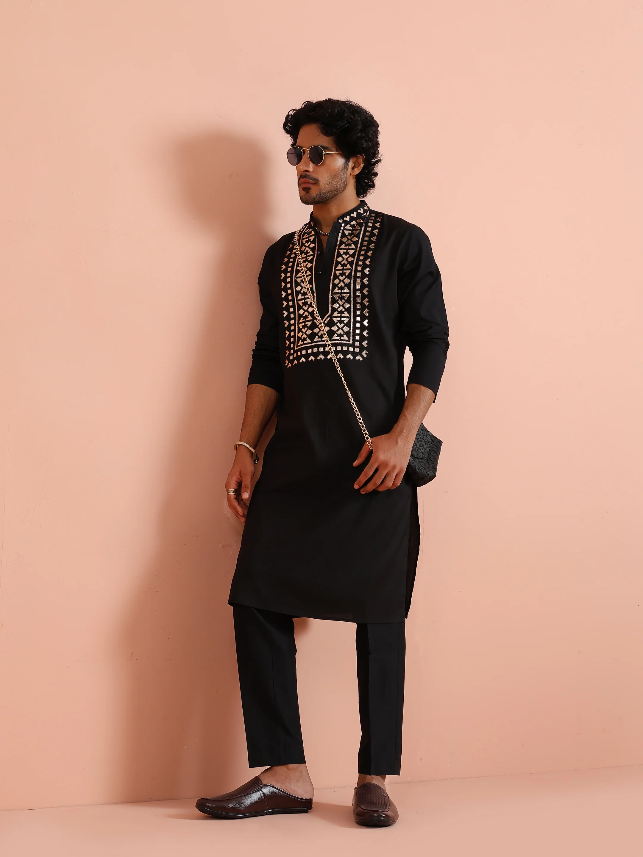 Black Metallic Embroidered Silk Kurta - Image 2
