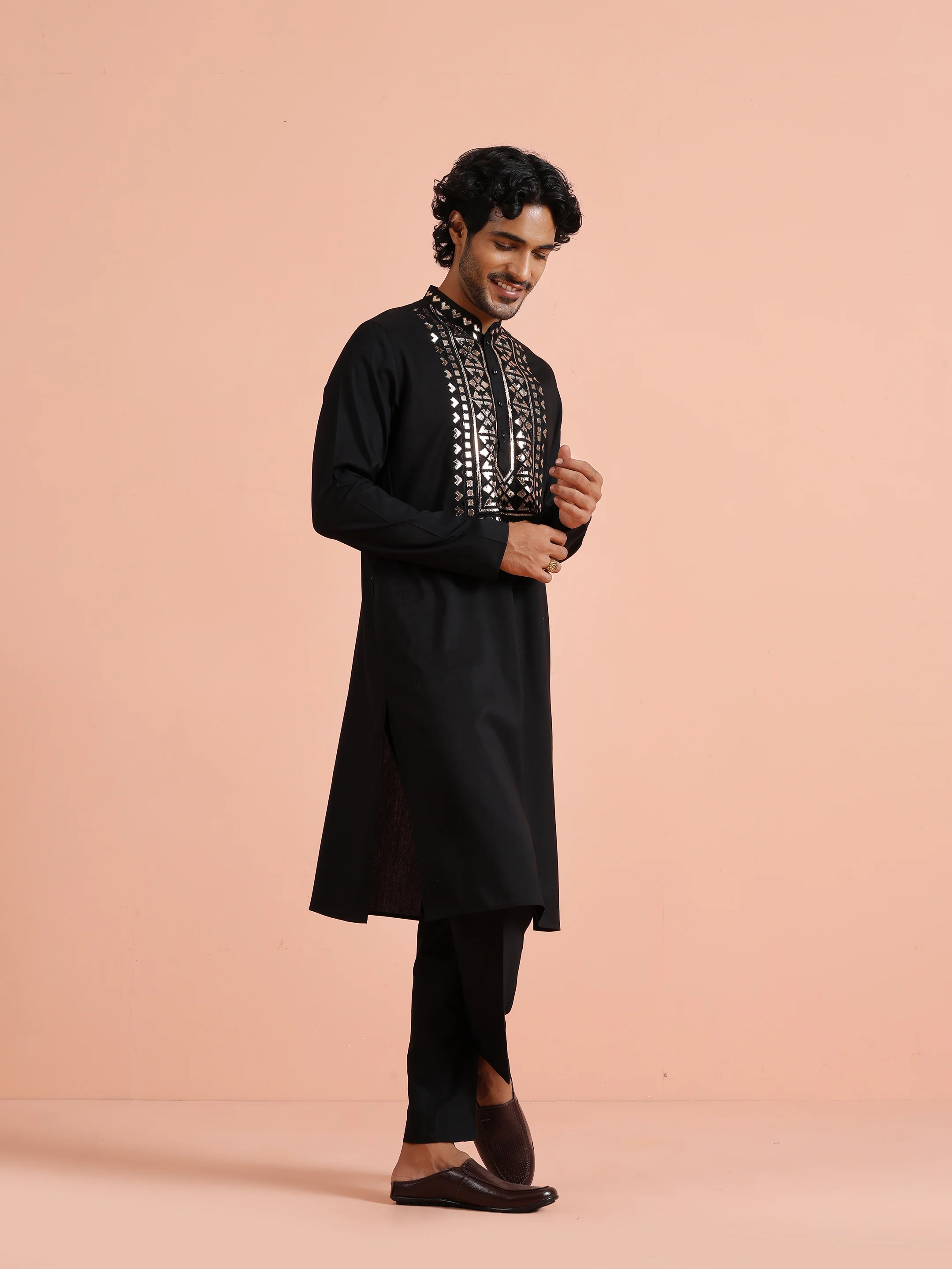 Black Metallic Embroidered Silk Kurta - Image 3