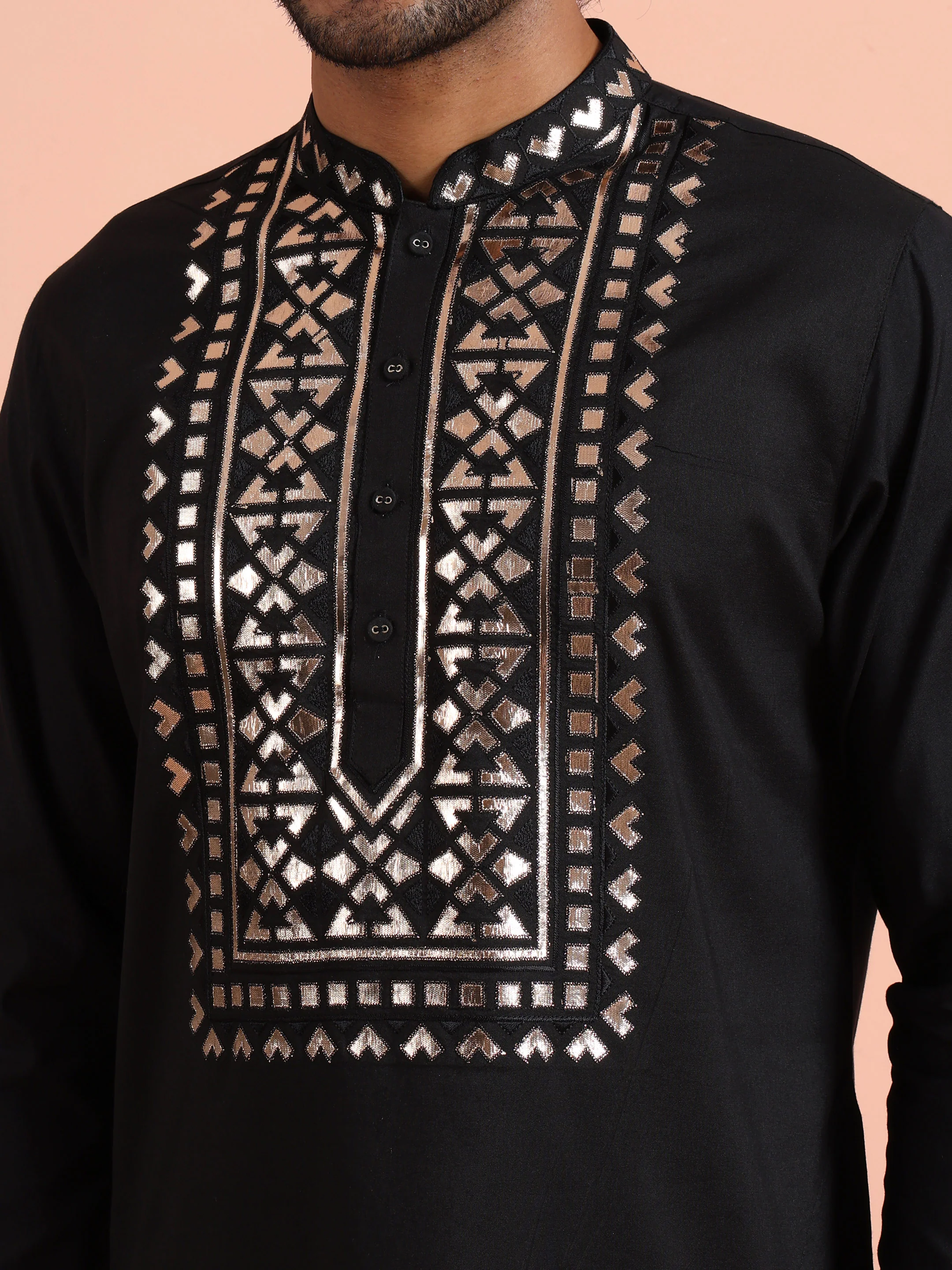Black Metallic Embroidered Silk Kurta - Image 5