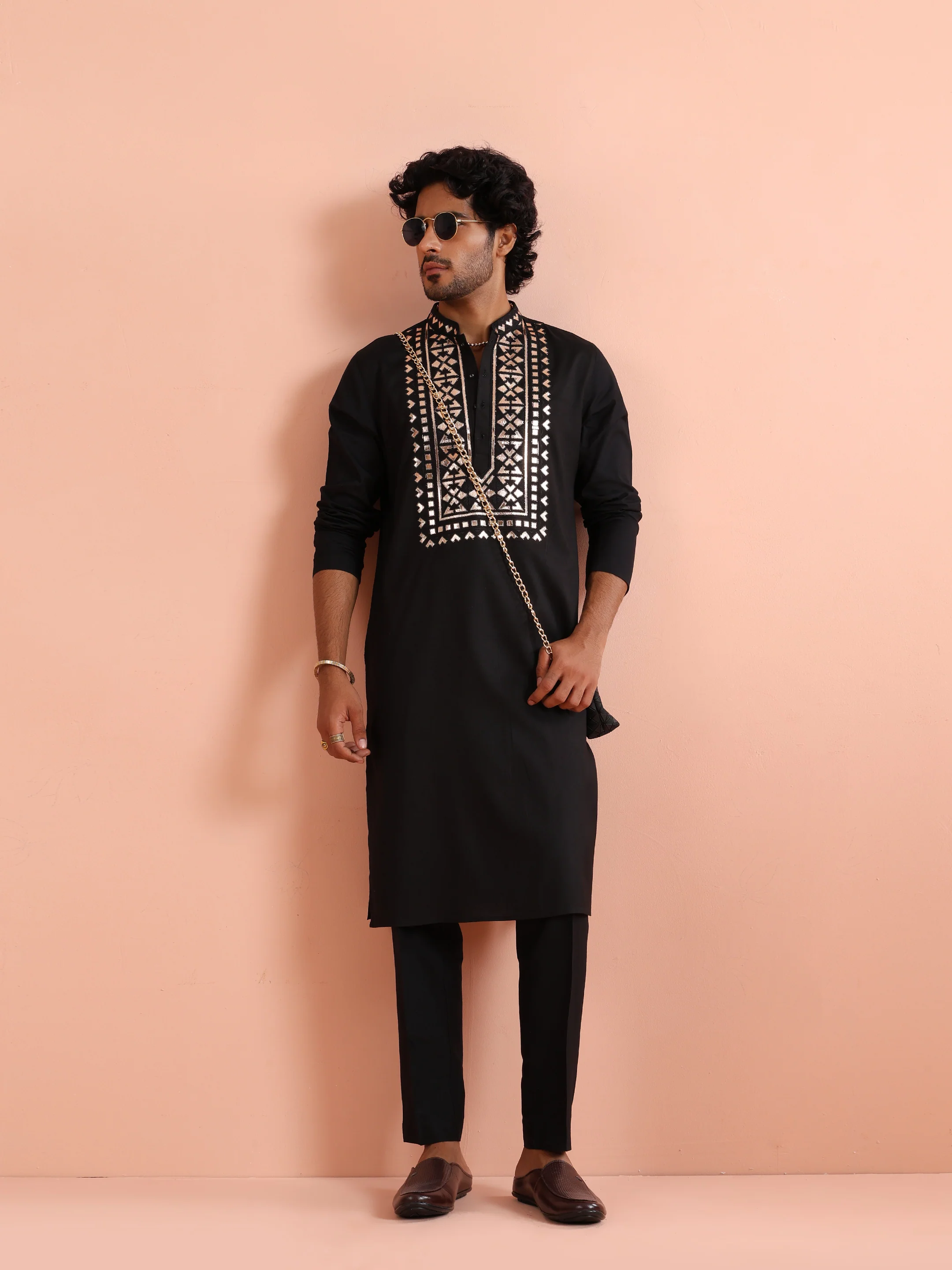 Black Metallic Embroidered Silk Kurta - Image 7