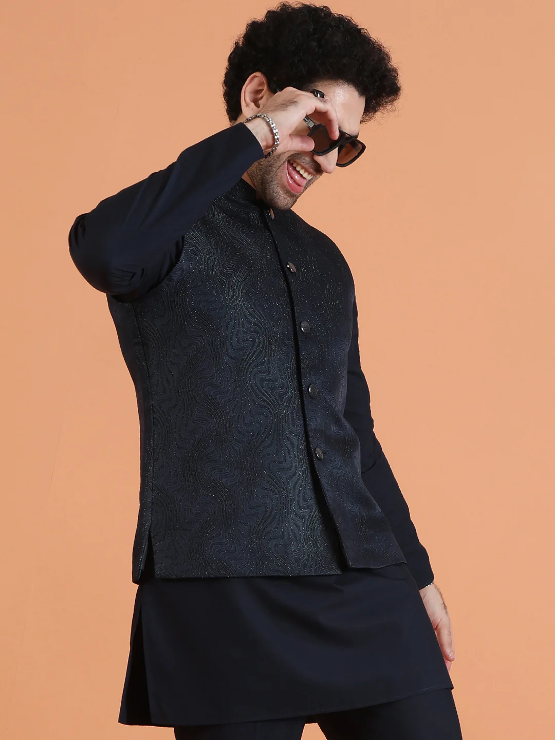 Black Metallic Textured Nehru Jacket