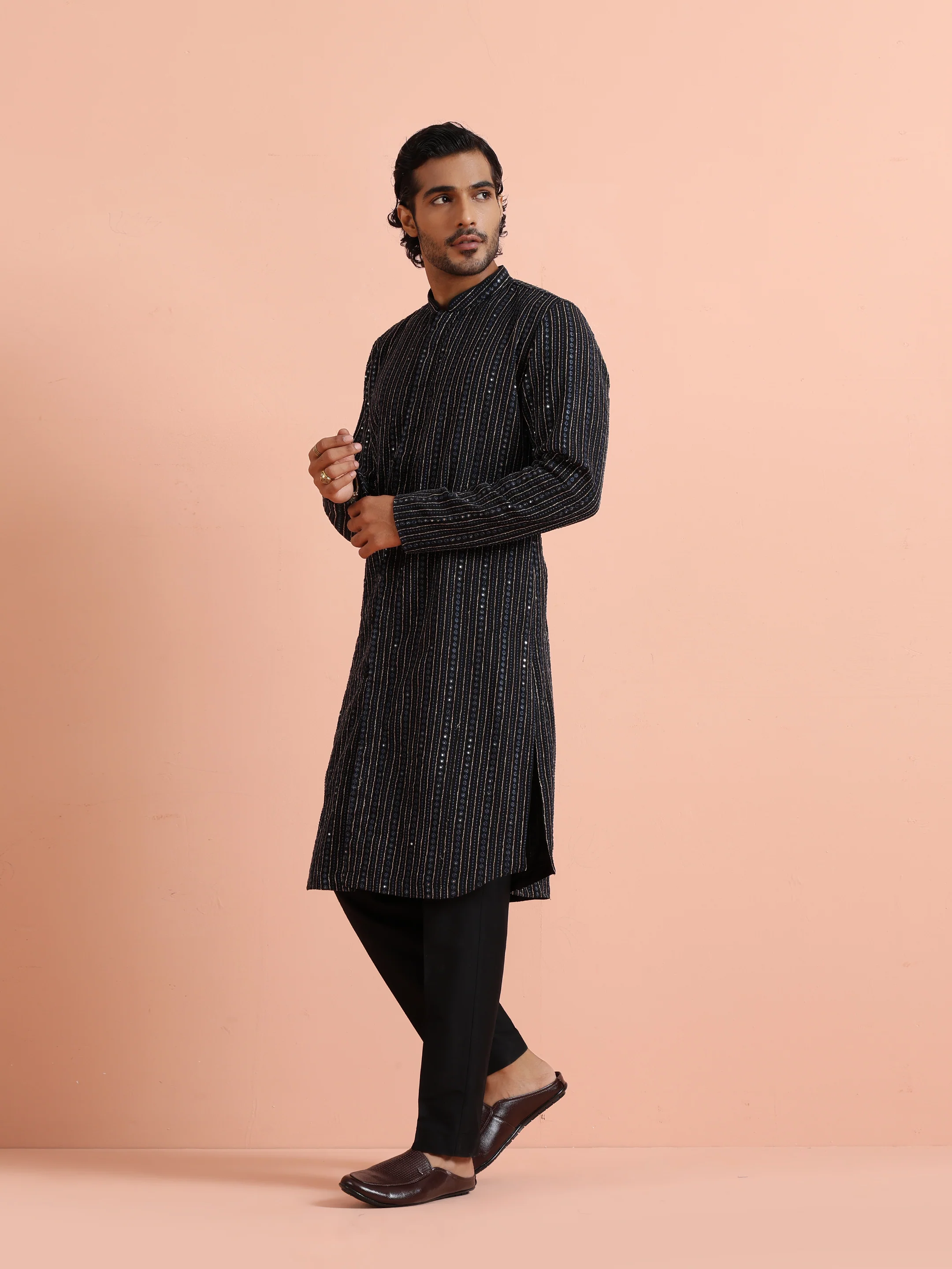 Black Mirror Work Kurta Trouser Set - Image 3