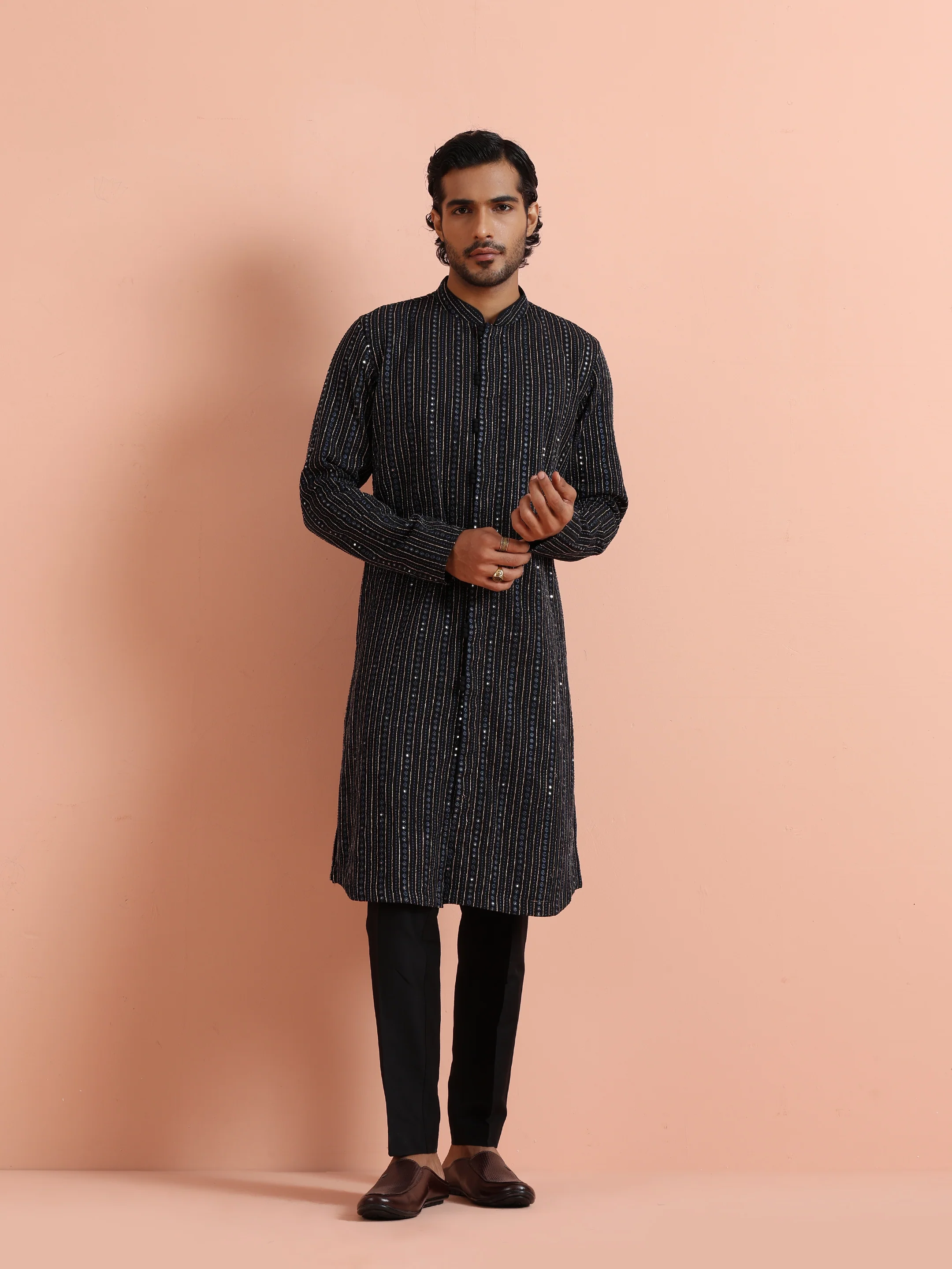 Black Mirror Work Kurta Trouser Set - Image 7