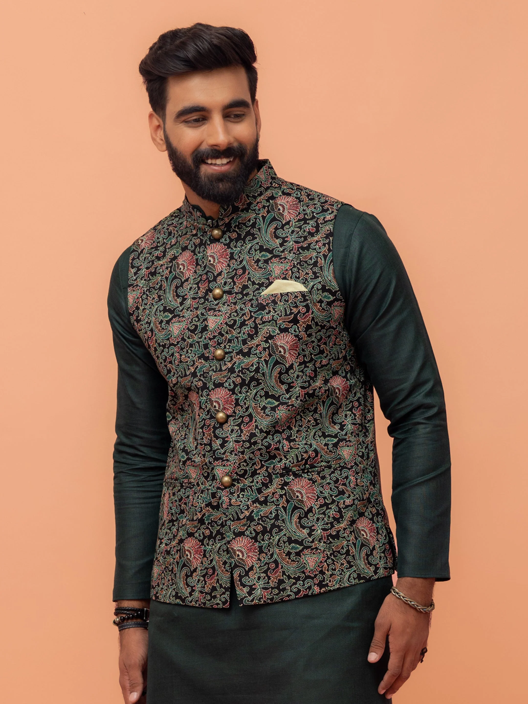 Black Multi-Color Printed Nehru Jacket - Image 2