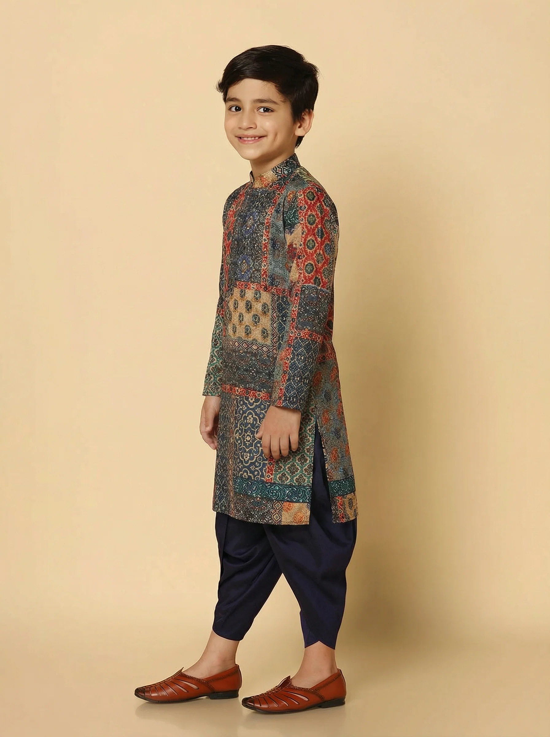 Black Multicolor Cotton Blend Printed Kurta Dhoti Set - Image 3