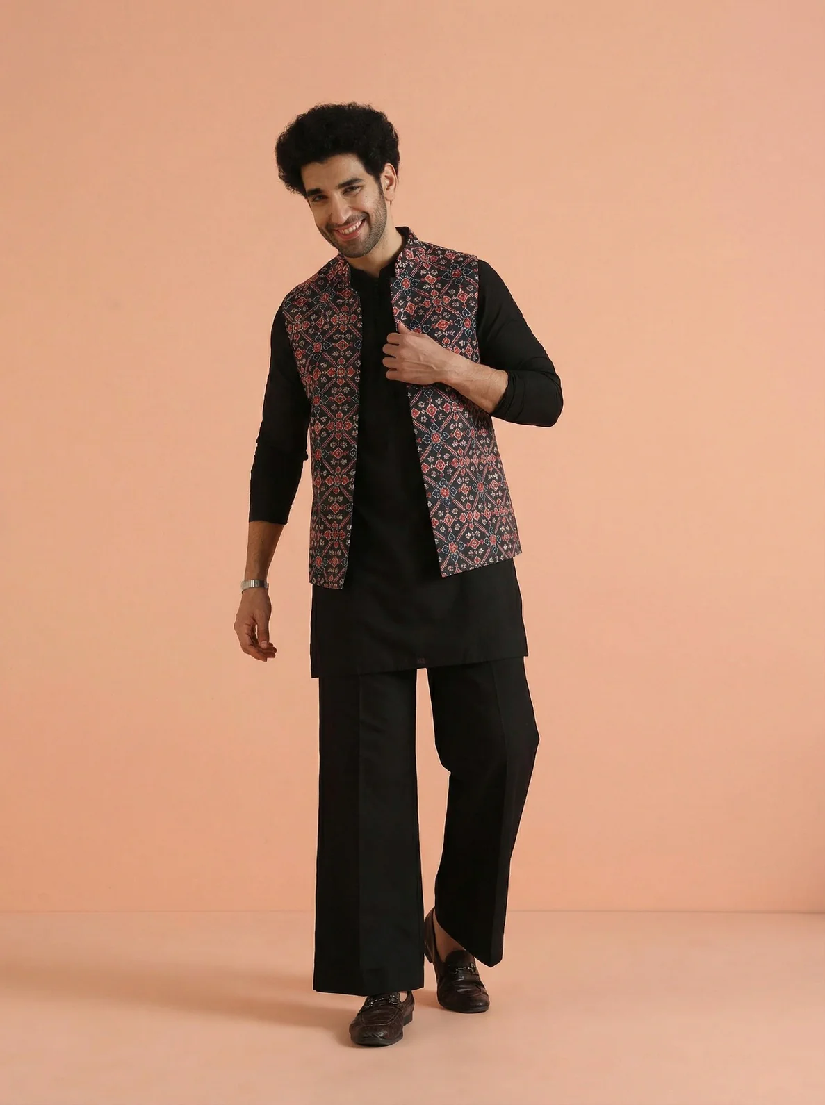 Black Multicolor Cotton Blend Printed Mid Kurta Front Open Jacket Wide Leg Trouser Set - Image 2